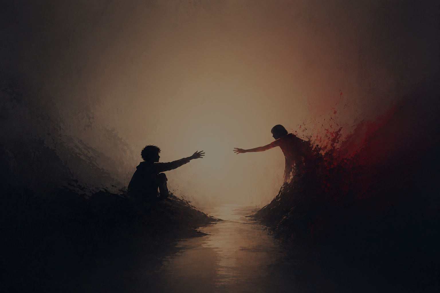 Silhouettes of a man and a woman reaching out to each other through a dark, textured, abstract background with a light center, resembling a river or a path.