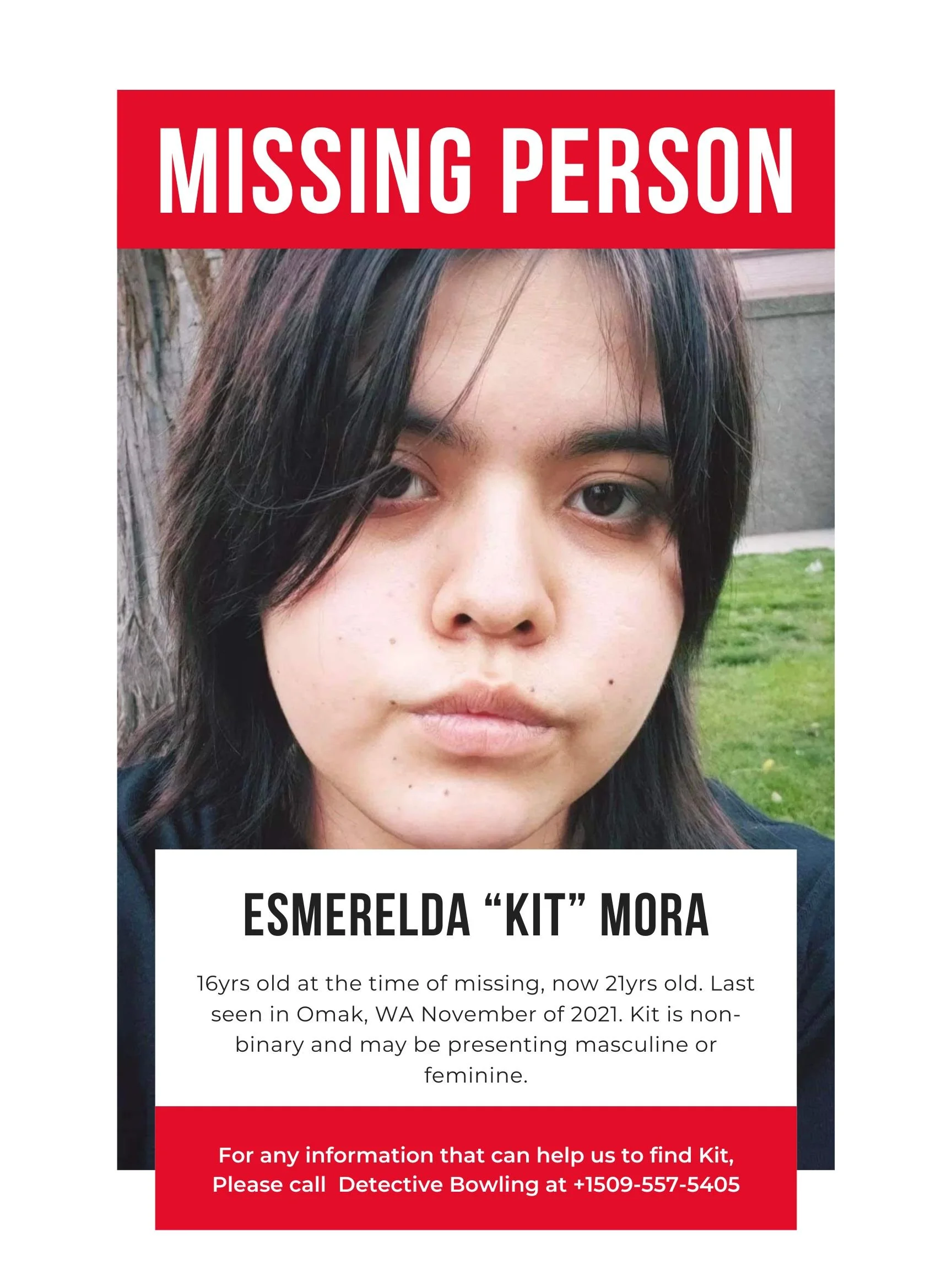 Missing person poster featuring a close-up photo of Esmeralda 'Kit' Mora, a young woman with dark hair and eyes, with a background of outdoor scenery including a tree and grass. The poster includes details about her disappearance and contact information for help.