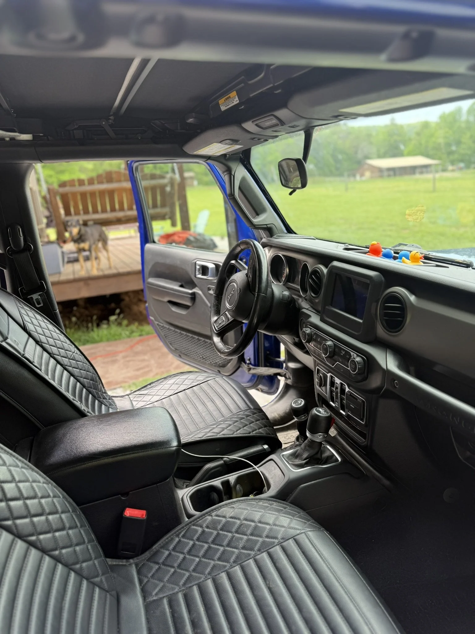 Inside a vehicle showing black leather seat upholstery with diamond quilting, dashboard with gear shift, and rubber duck toys on the dashboard. Outside through the open door, there is a deck with a dog, and a green field with trees and a building in 