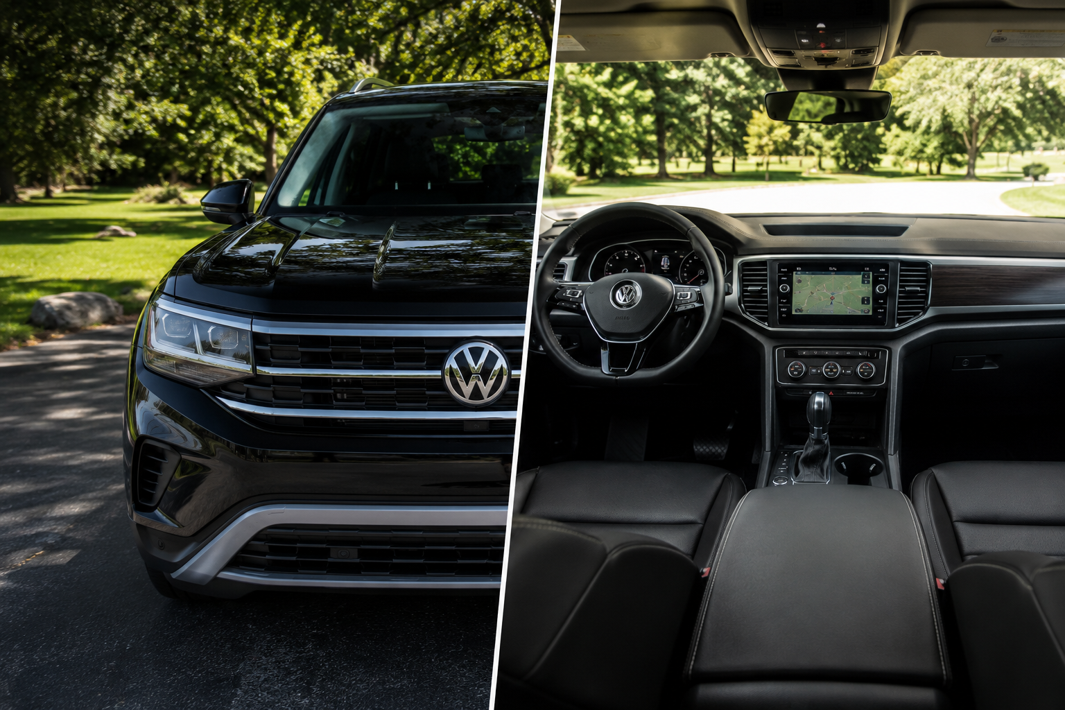 A split image showing the front of a black Volkswagen SUV on the left and the interior of a Volkswagen vehicle on the right, including a steering wheel, dashboard, and navigation screen.