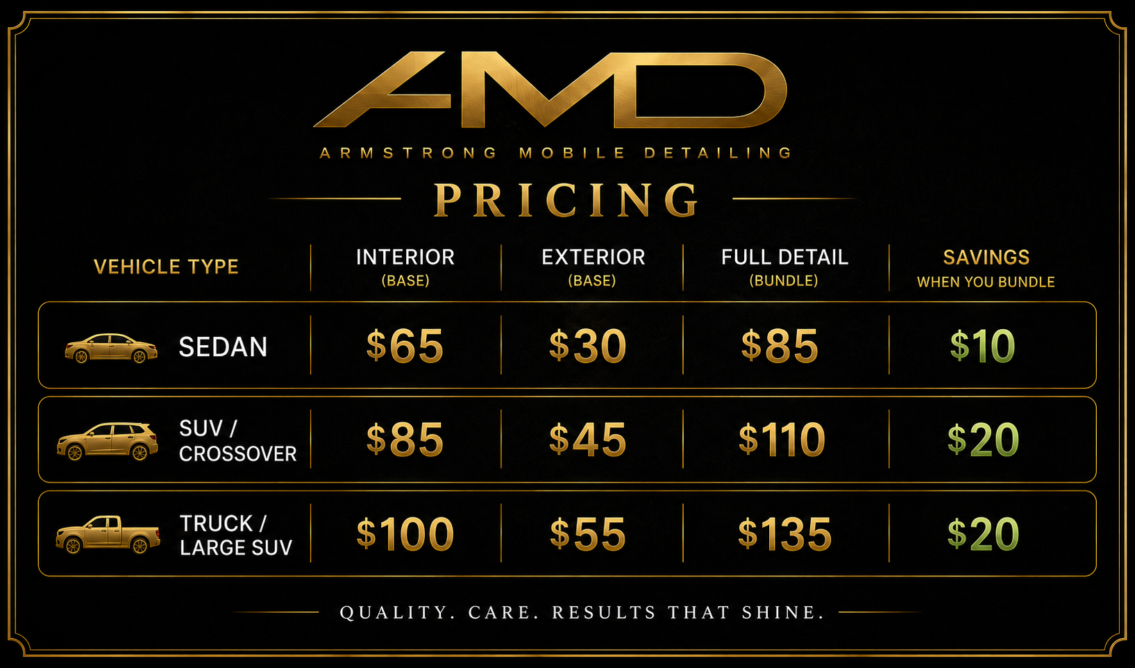 Price list for Armstrong Mobile Detailing services, showing prices for different vehicle types and detailing options, including sedan, SUV/crossover, and truck/large SUV, with savings when bundling services.