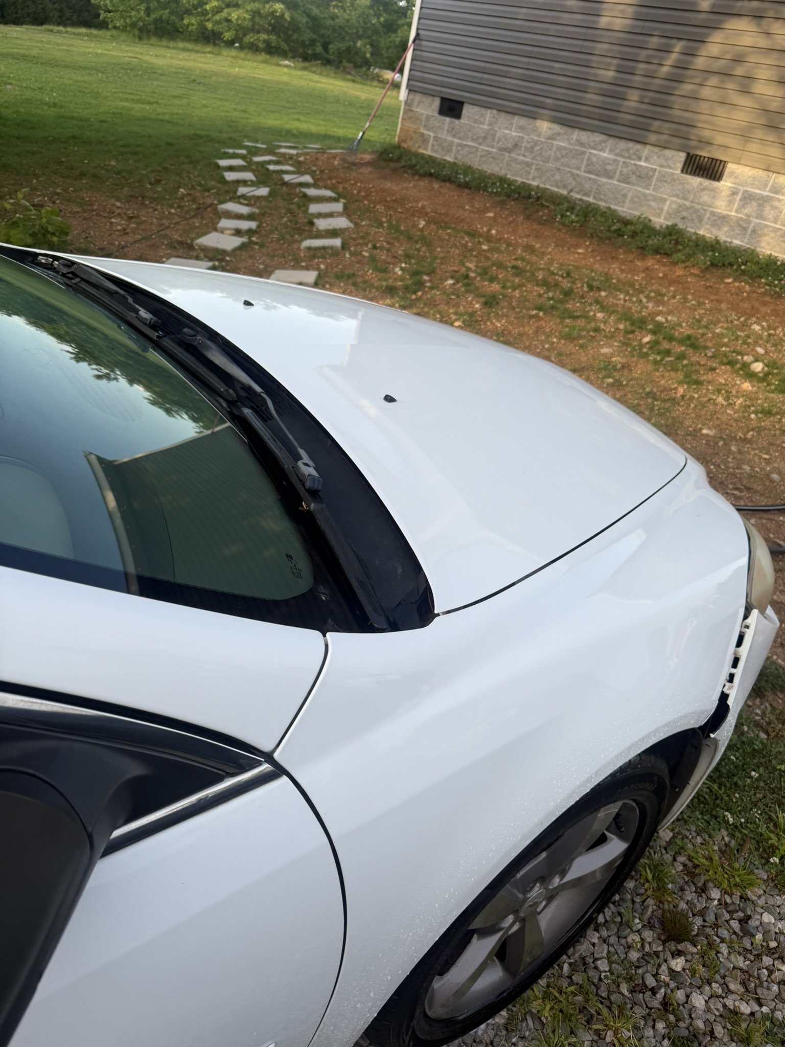Top part of a white car parked on gravel with a house and lawn in the background, showing the windshield, hood, and part of the front wheel.