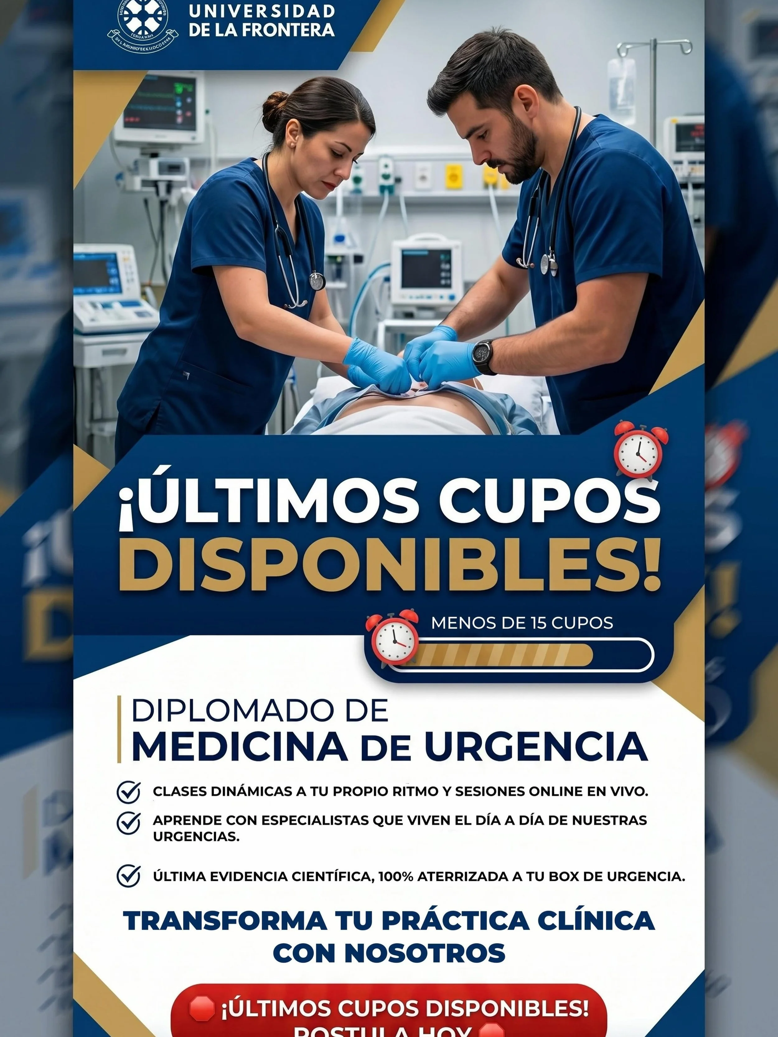 🚨 &iexcl;ALERTA DE &Uacute;LTIMOS CUPOS! Nos quedan menos de 15 vacantes. 🚨
&iquest;Listo para llevar tu nivel cl&iacute;nico al siguiente nivel? El Diplomado de Medicina de Urgencia de la UFRO est&aacute; cerrando su proceso de postulaci&oacute;n.