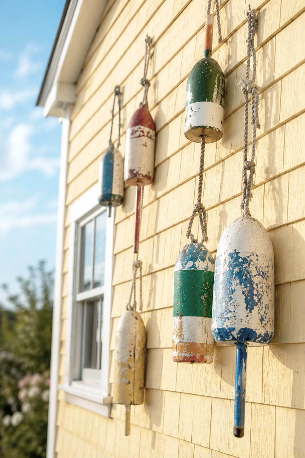 Weathered fishing buoys on a coastal Massachusetts home, reflecting the hospitality-inspired and personalized approach of Snug Harbor Home Care.  Or: