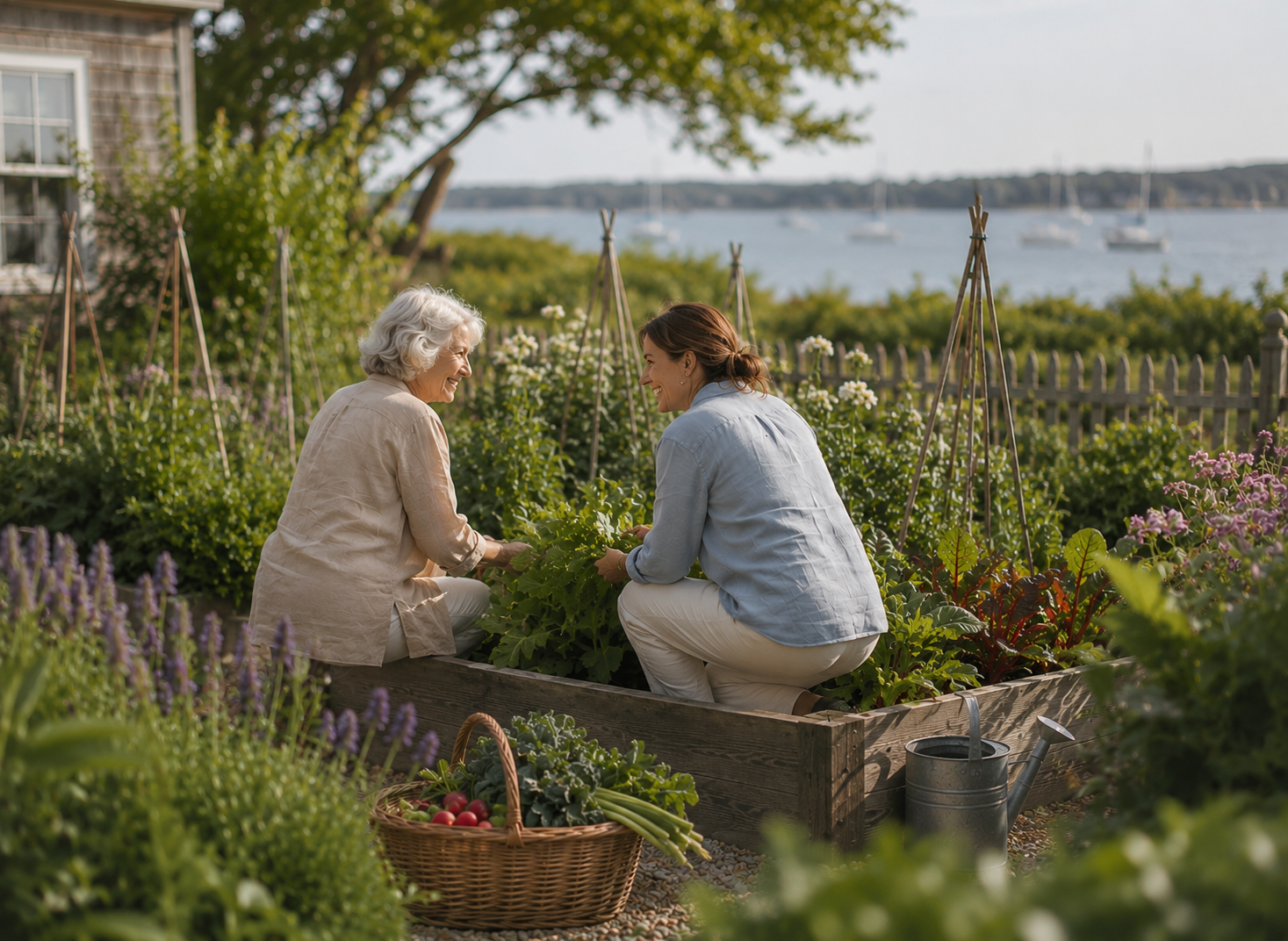 Caregiver and older adult enjoying time together in a coastal garden, reflecting companionship, connection, and personalized wellness support.