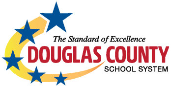 Logo of Douglas County School System with stars and crescent moon