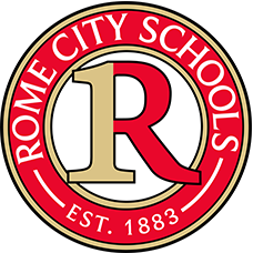 Rome City Schools logo with a large letter R in the center, surrounded by a red and black circular border with the school's name and established date.