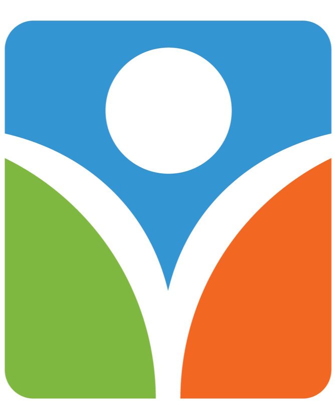 Abstract logo with a white circle and stylized shapes in blue, green, and orange.