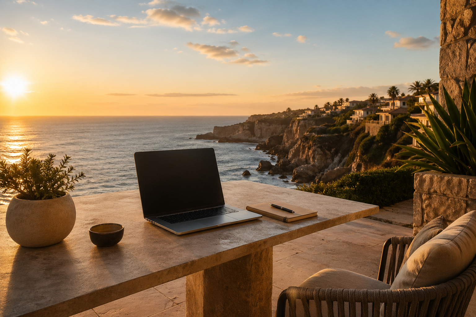 A laptop, notebook, and pen on a stone outdoor table overlooking the ocean with cliffs and houses, during sunset.