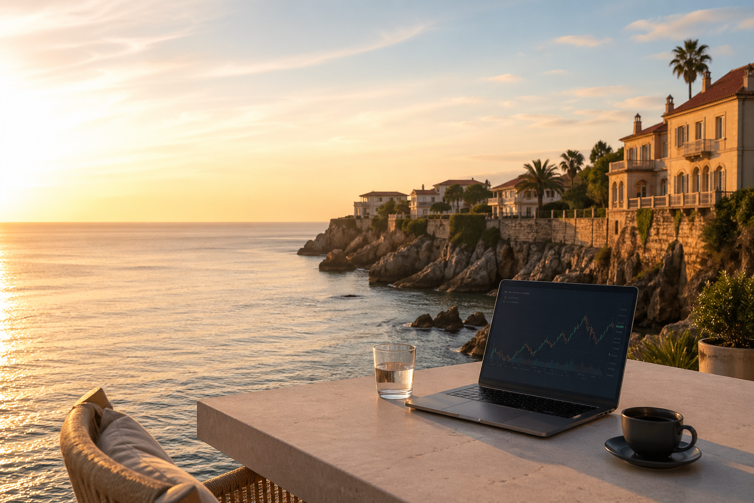 A laptop showing stock market graphs on a table overlooking a sunset by the ocean with beach houses and palm trees in the background.