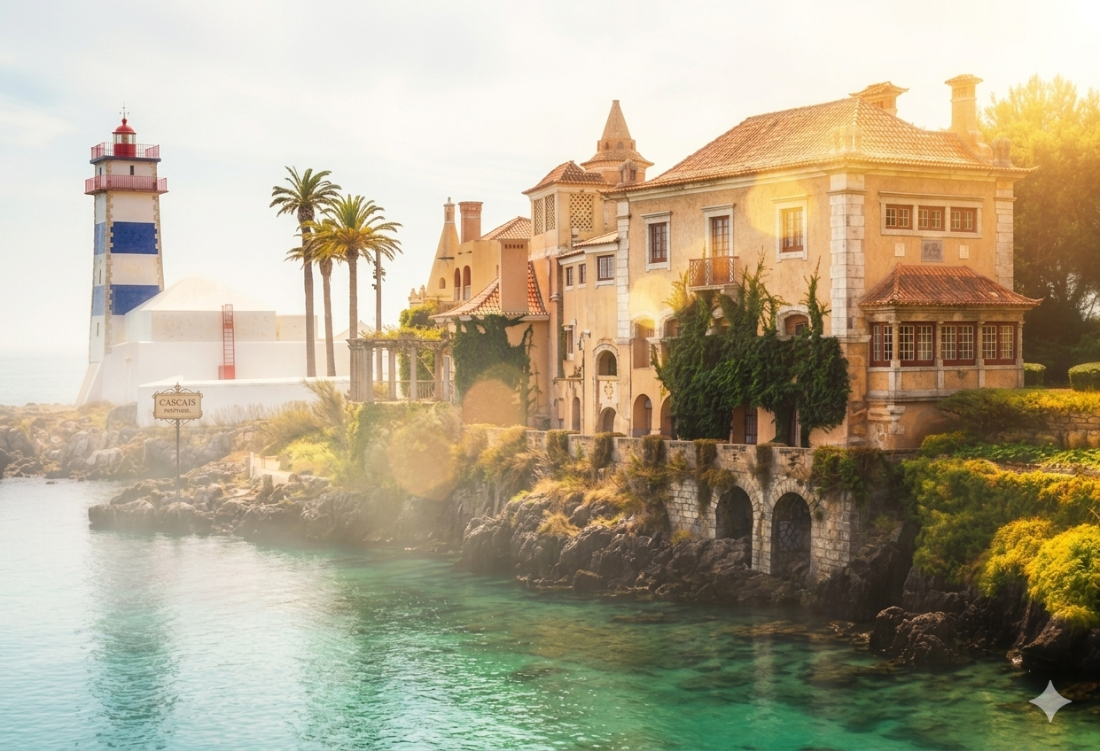 A coastal scene with a lighthouse, palm trees, and a large historic house with yellow walls and red tiled roof, set on rocky cliffs overlooking clear water, in warm sunlight.