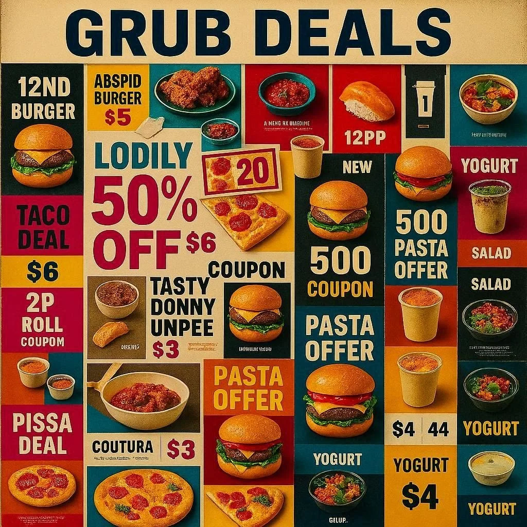 Colorful advertisement poster with various food deals, including burgers, pizza, pasta, salad, yogurt, and drinks; with prices and promotional discounts highlighted.