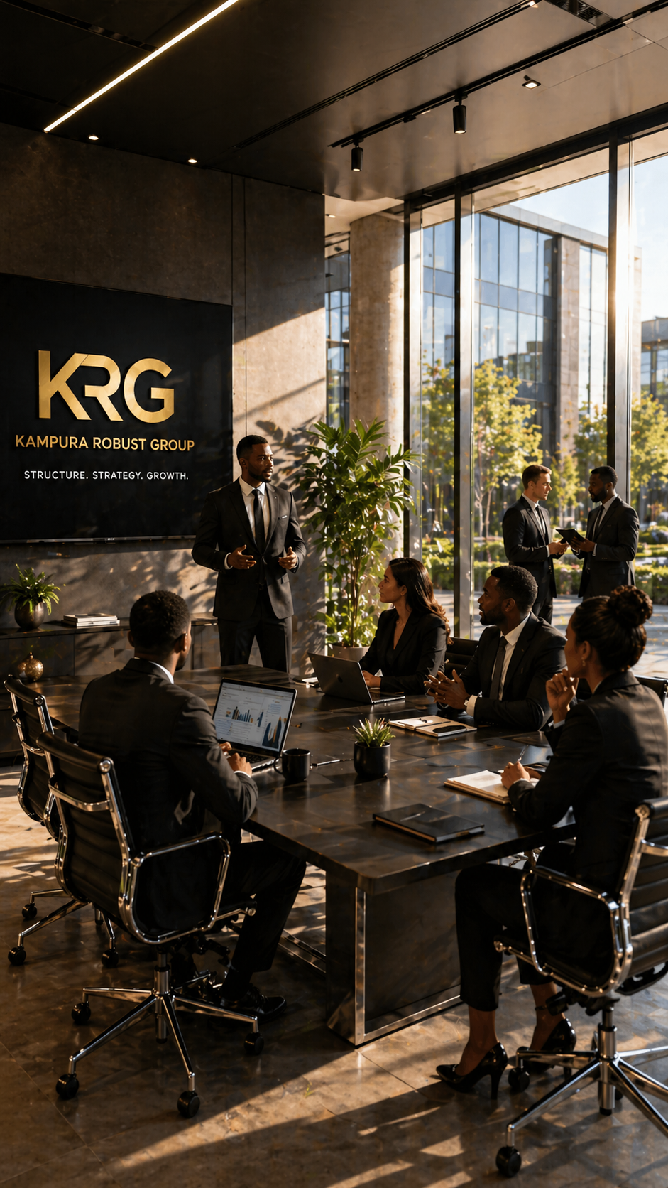 Business meeting in a modern conference room with large windows, six professionals in formal suits are present, one standing and speaking, others seated with laptops and notebooks, a large sign reads 'KRG' and 'Kampura Robust Group', with a background of greenery outside.