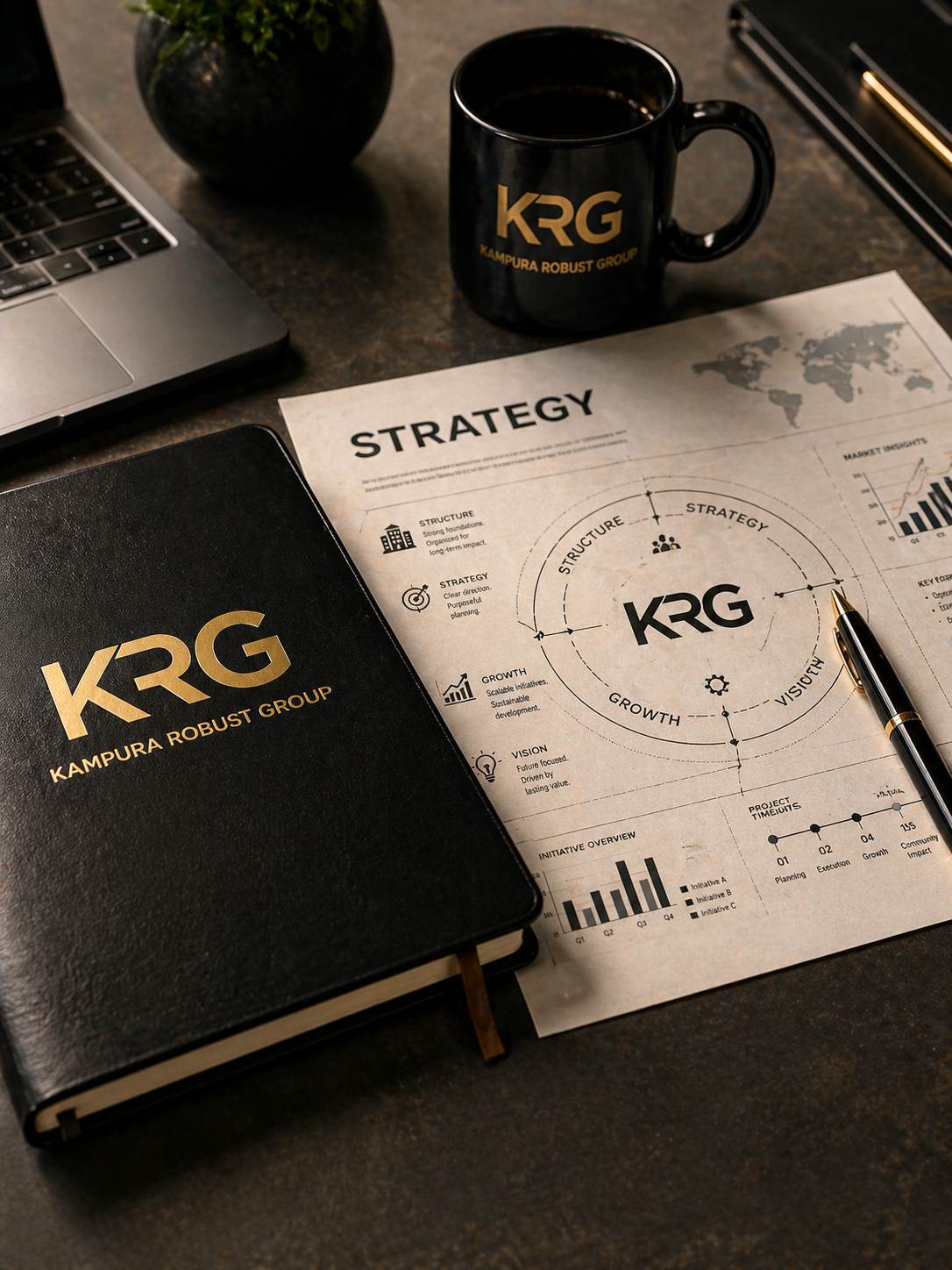A black KRG notebook, a printed strategy document with diagrams and charts, a black coffee mug with gold lettering, a black pen, a laptop, and a black pot with a green plant are arranged on a dark desk.
