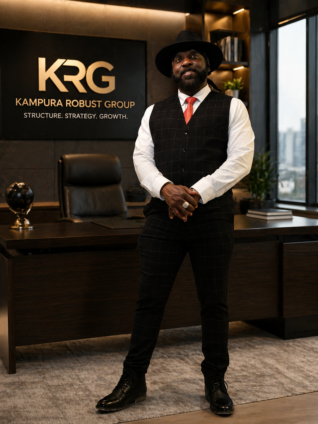 A man standing confidently in a modern office, wearing a black hat, white shirt, red tie, black vest, and checkered pants. Behind him is a desk, a black leather chair, and a large sign with the logo and name of Kampura Robust Group.