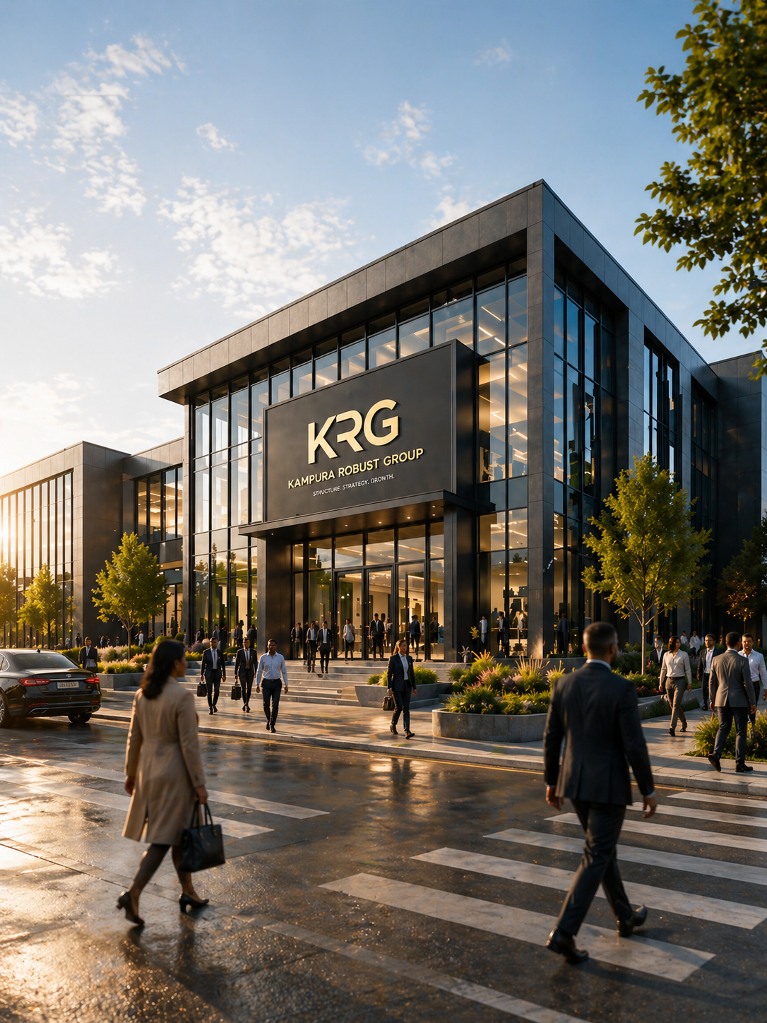 Modern office building with the sign 'KRG Kampura Robust Group' at the entrance. People in business attire walking on the sidewalk on a rainy day, with trees and parked cars nearby.
