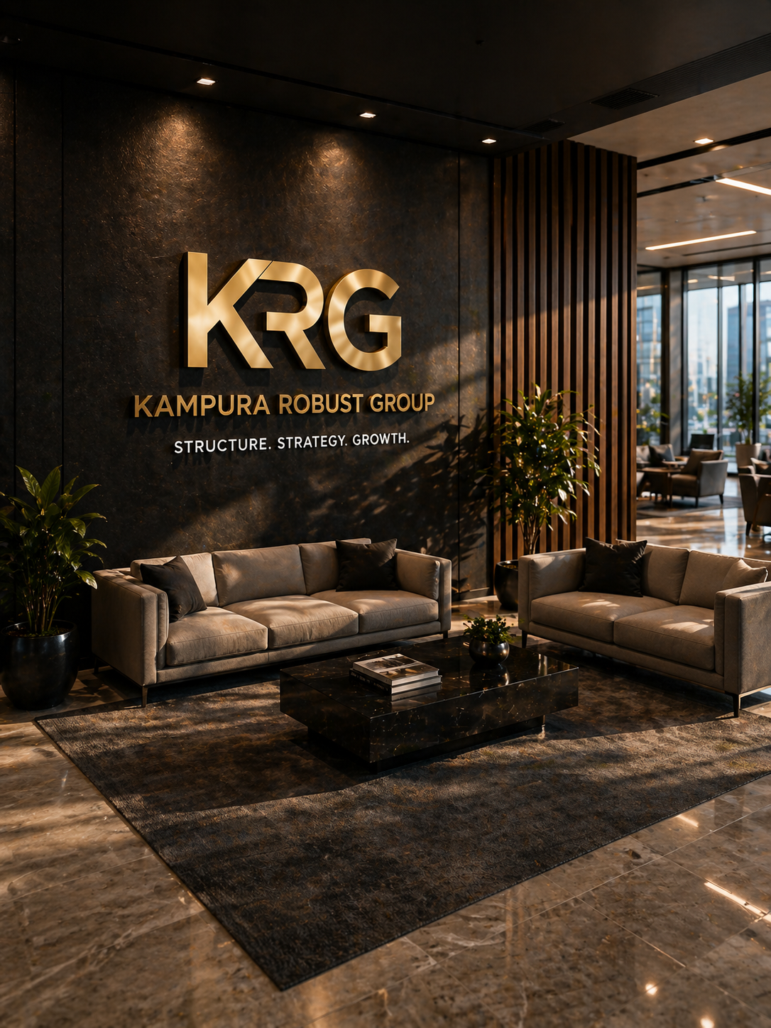 Modern hotel lobby with dark marble walls and flooring, featuring a large gold sign that reads 'KRG Kampura Robust Group' and tagline 'Structure. Strategy. Growth.'; includes two gray sofas with black pillows, a black marble coffee table with magazines, potted plants, and large windows with cityscape view.