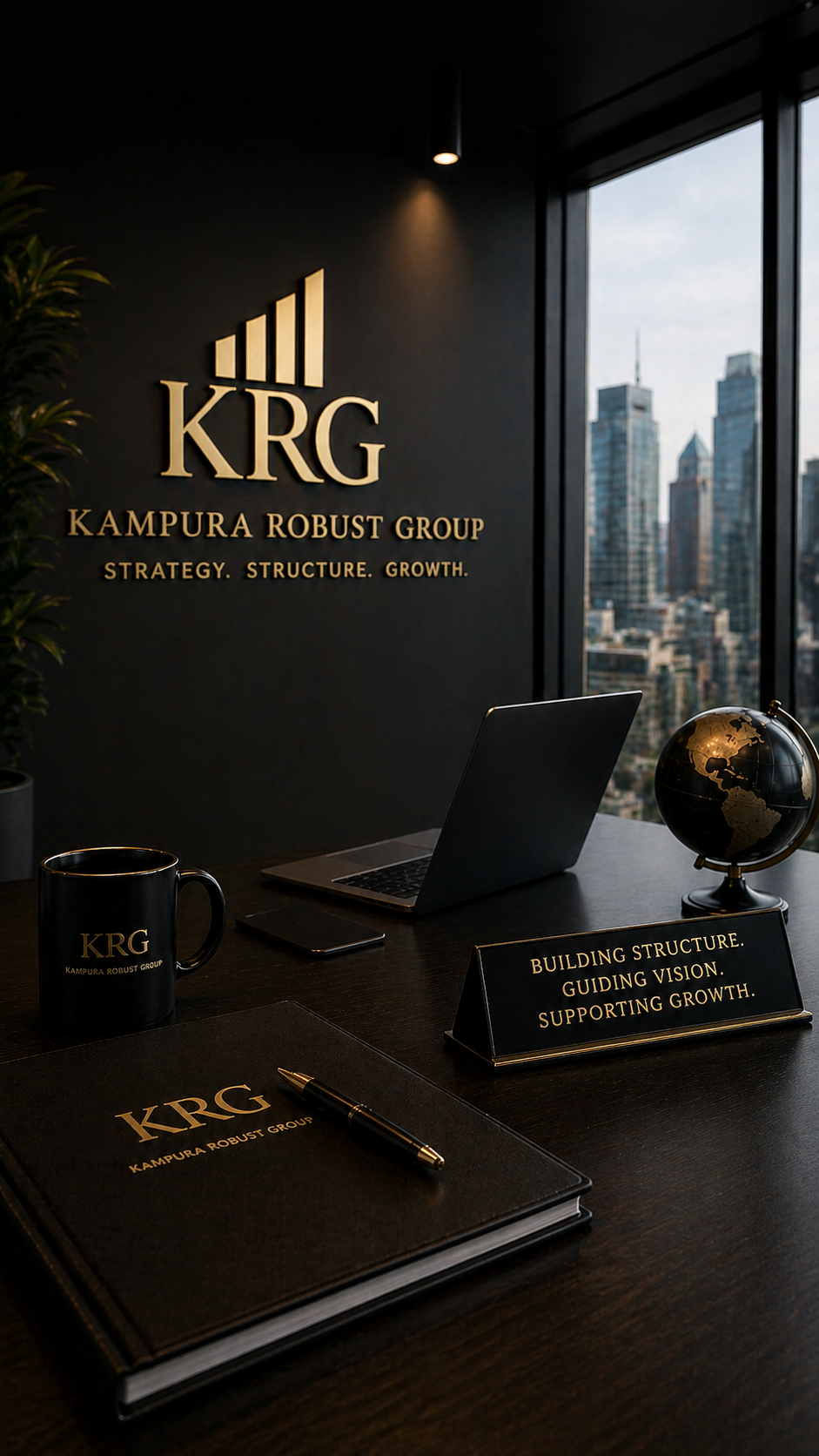 Office desk with a black notebook, a black mug with gold writing, a pen, a laptop, a globe, and a sign that says "Building structure, guiding vision, supporting growth." The background features a window showing a cityscape with skyscrapers, and a wall with a gold sign reading "KRG" and "Kampura Robust Group. Strategy. Structure. Growth."