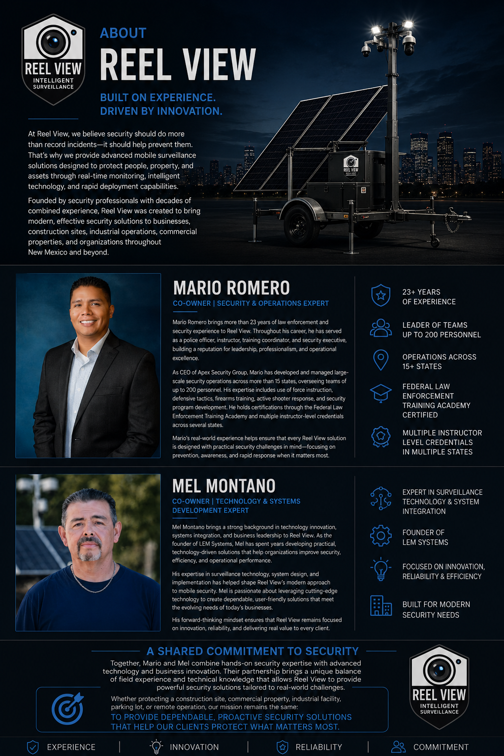 Reel View mobile security trailer with solar panels and city skyline at night, featuring staff photos and text describing company expertise in surveillance security solutions.
