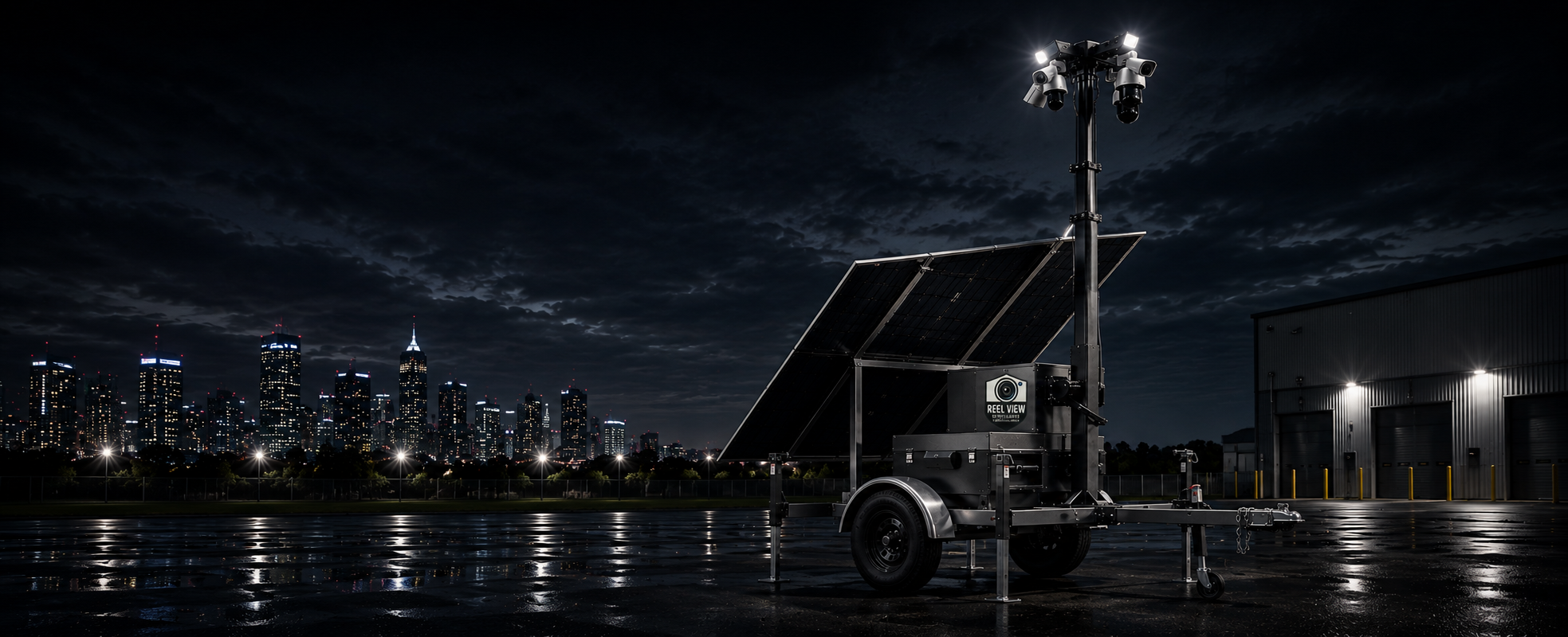 Nighttime cityscape with illuminated skyscrapers and cloudy sky, mobile Security  camera cart with solar panel and multiple cameras on tripod in foreground, wet pavement reflecting city lights.