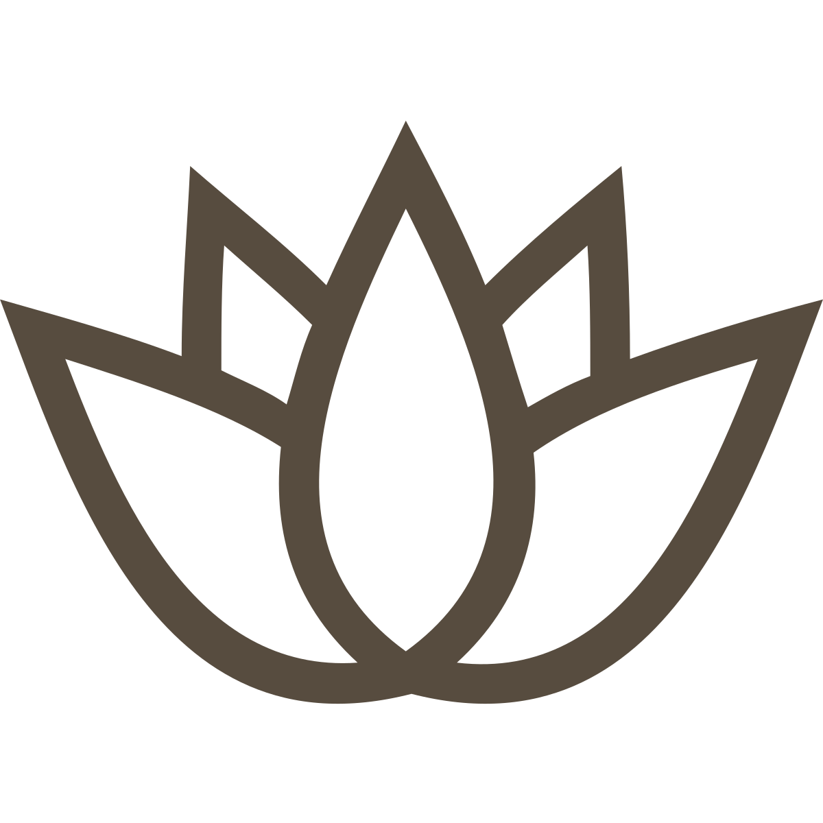 Minimalist line drawing of a lotus flower with pointed petals in a dark brown color on black background.