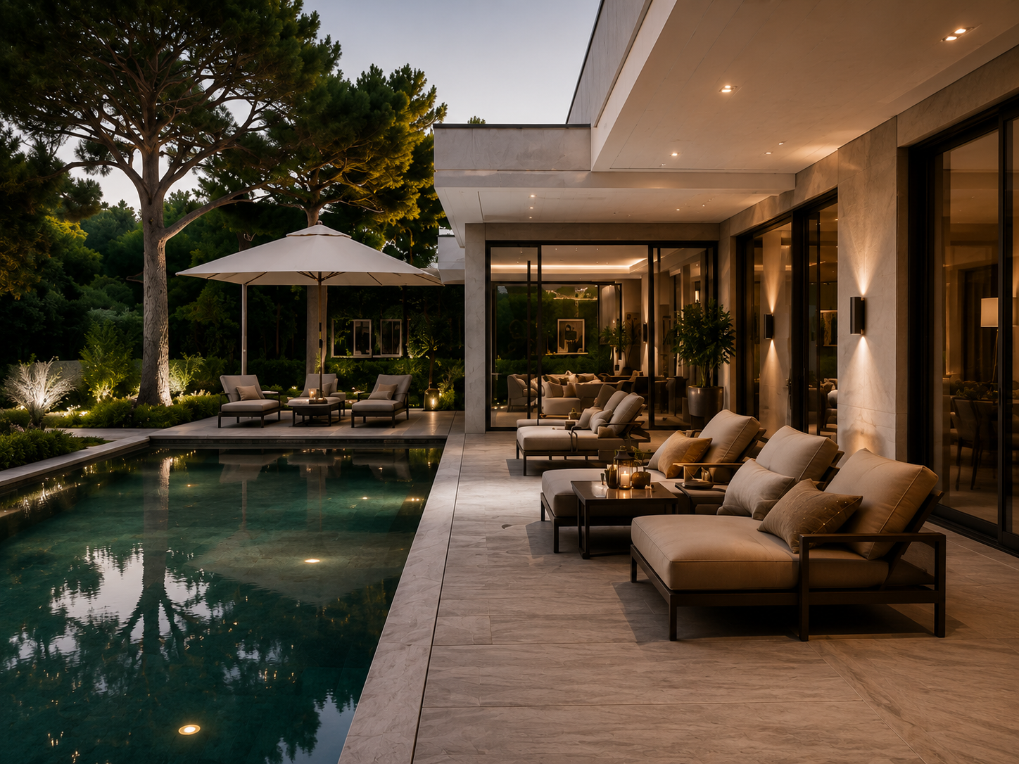 Luxury outdoor patio with lounge chairs, umbrella, and a swimming pool at dusk, adjacent to a modern house with floor-to-ceiling windows and interior lighting.