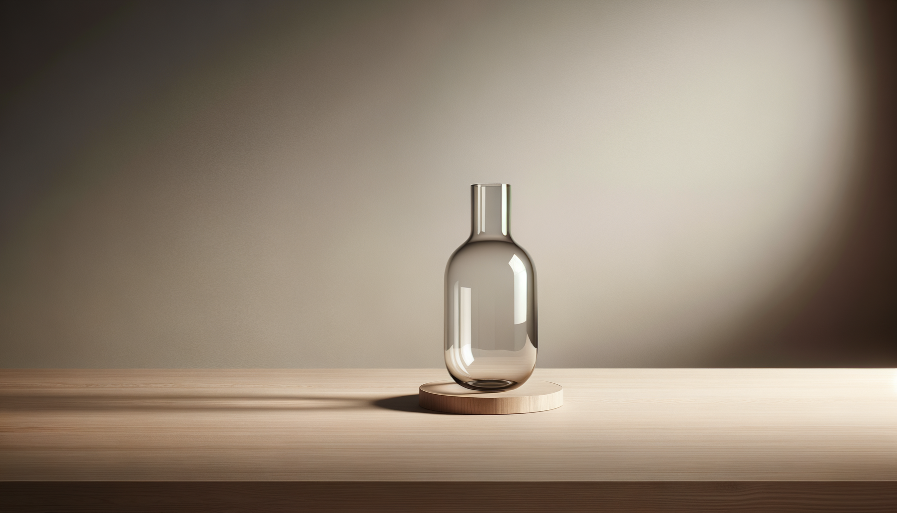 A clear glass bottle with a narrow neck, positioned on a round wooden platform on a wooden surface, with a plain beige wall background.