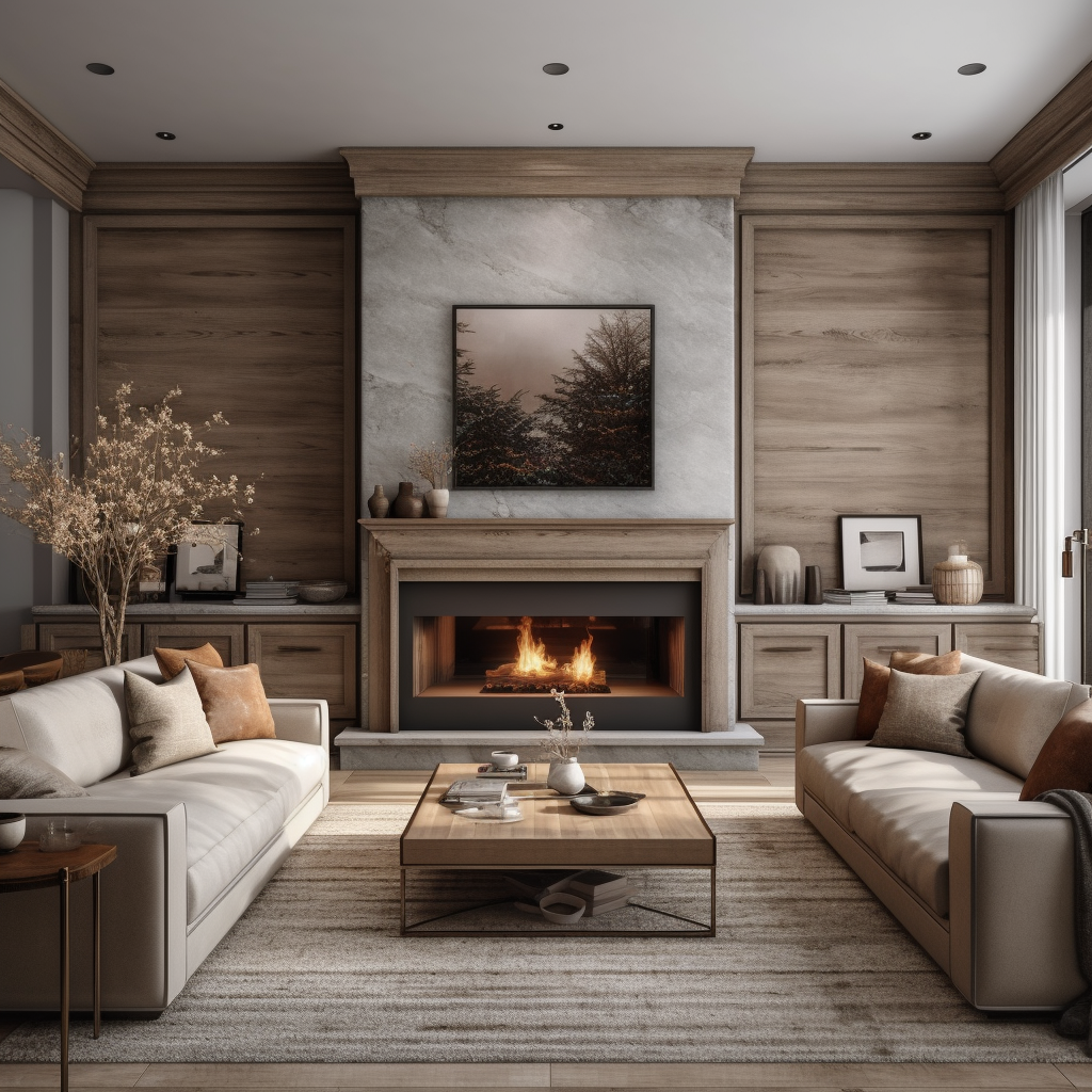 Living room with two white sofas, a wooden coffee table, and a fireplace with a fire burning. Decor includes framed artwork, vases, and a vase with dried flowers.
