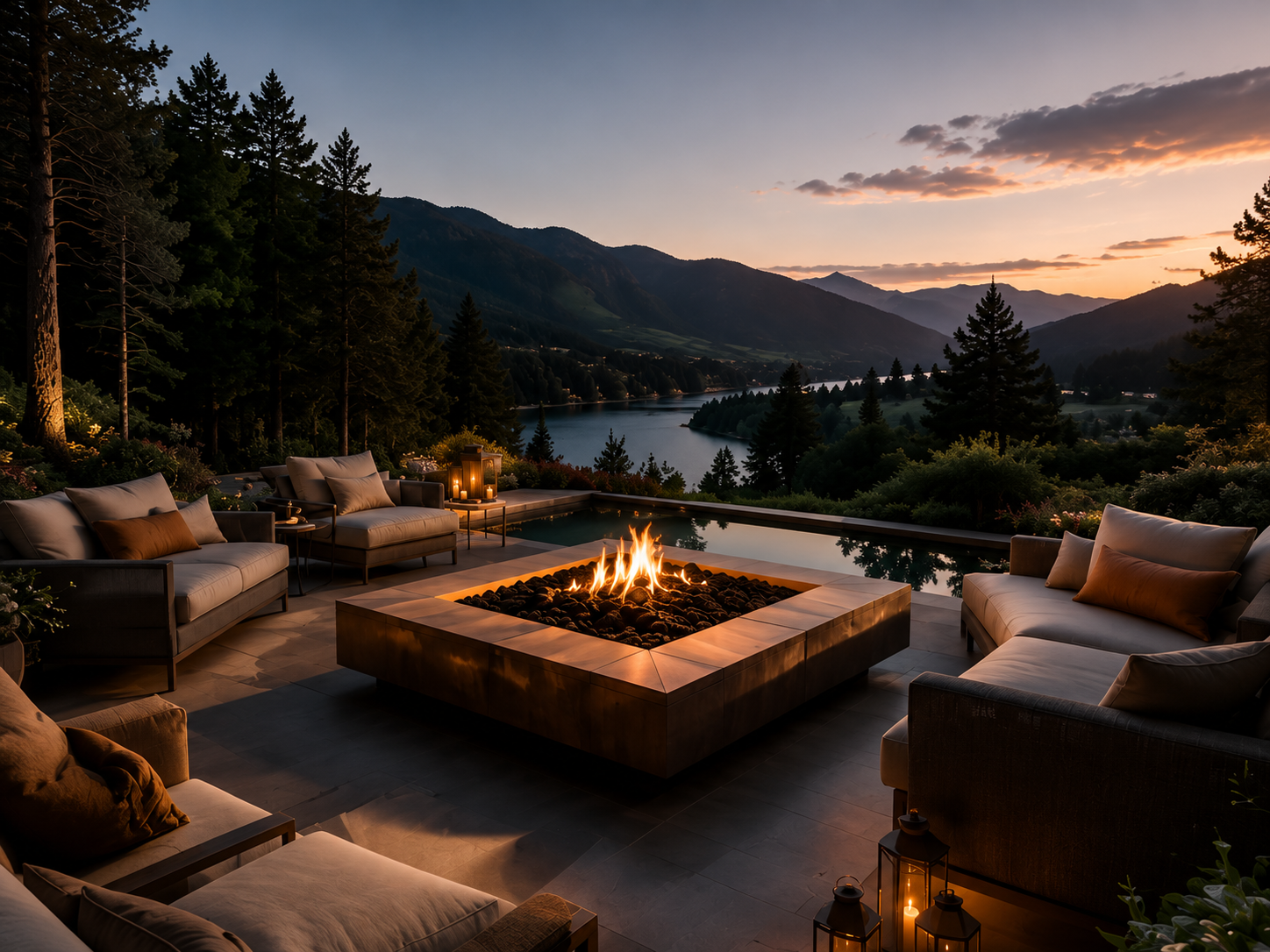 Outdoor patio with sofas and a firepit overlooking a lake and mountains at sunset.