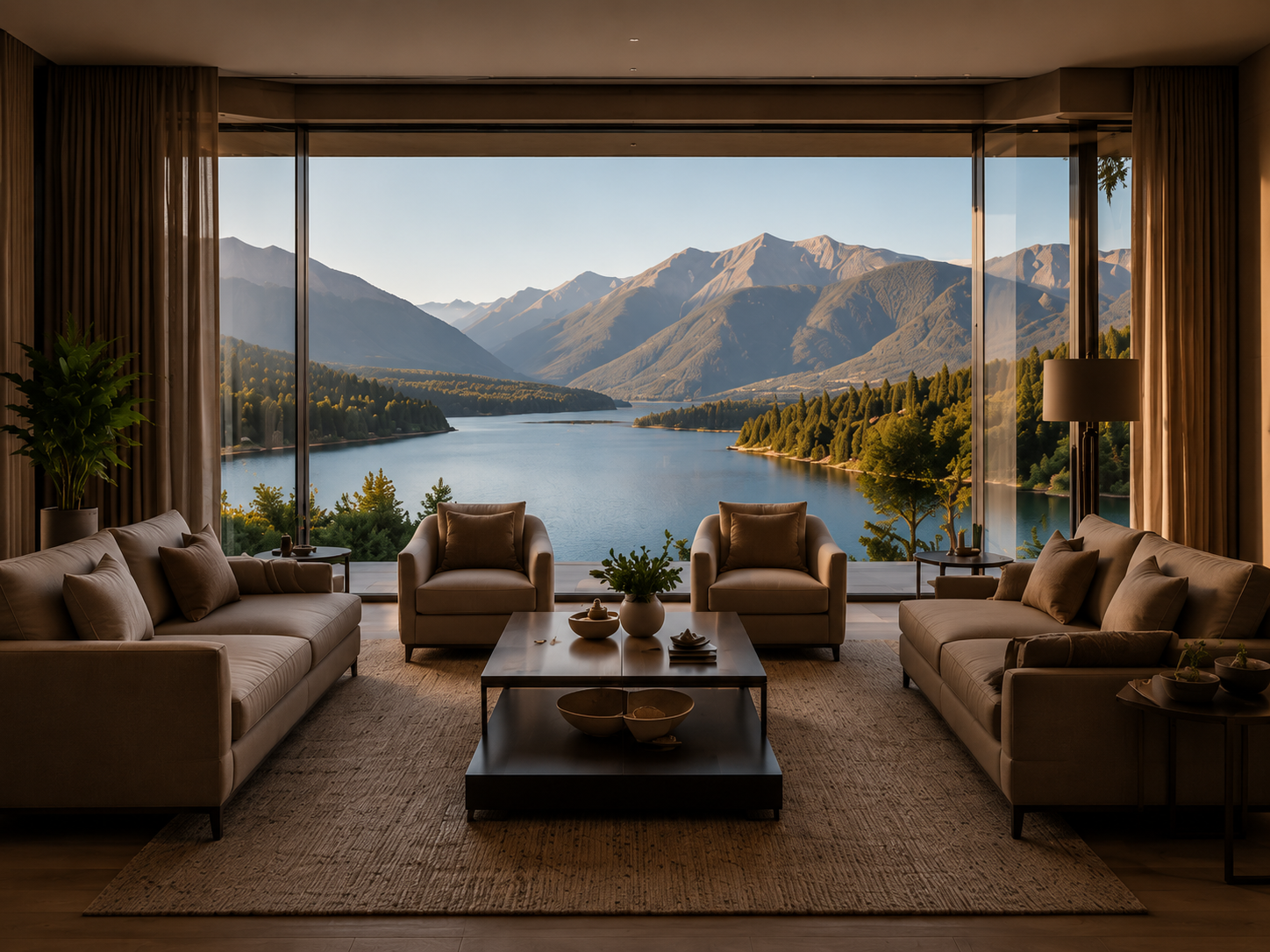 Living room with beige sofas and armchairs, a wooden coffee table, and large glass windows showing a mountain lake landscape.
