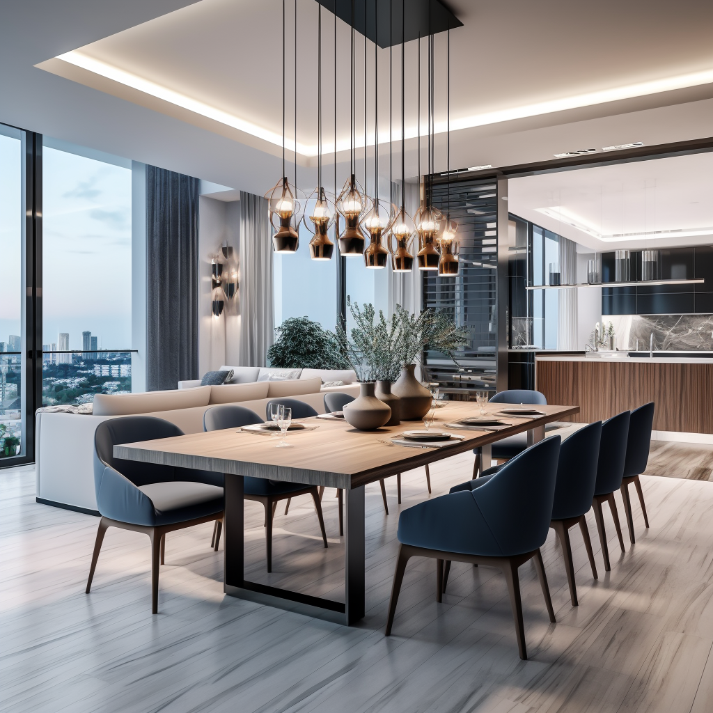 Modern dining area with a wooden table, black chairs, and decorative vases with plants, in an open-concept apartment with large windows and city view.
