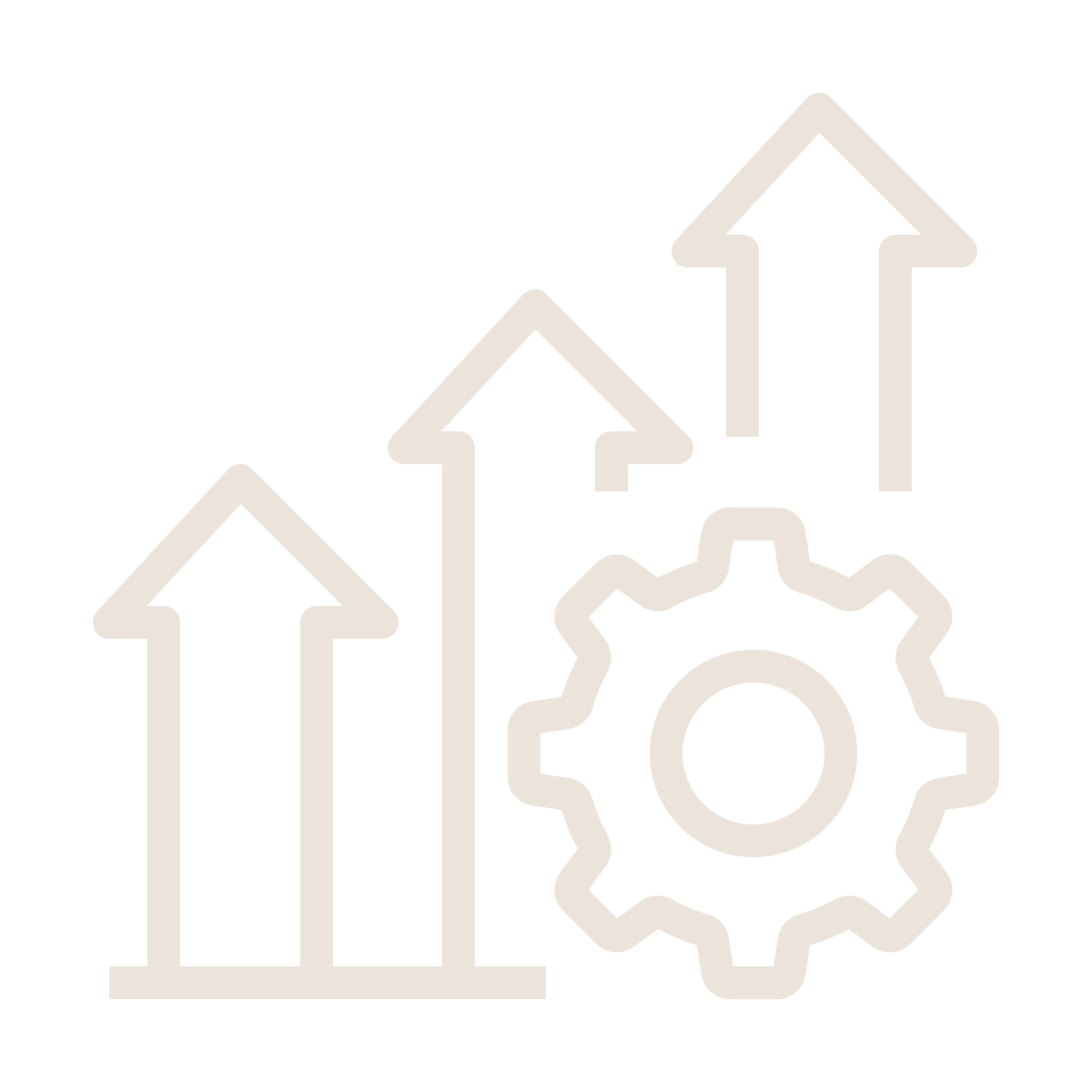 Three upward arrows and a gear icon on a black background, representing growth and settings or process improvement.