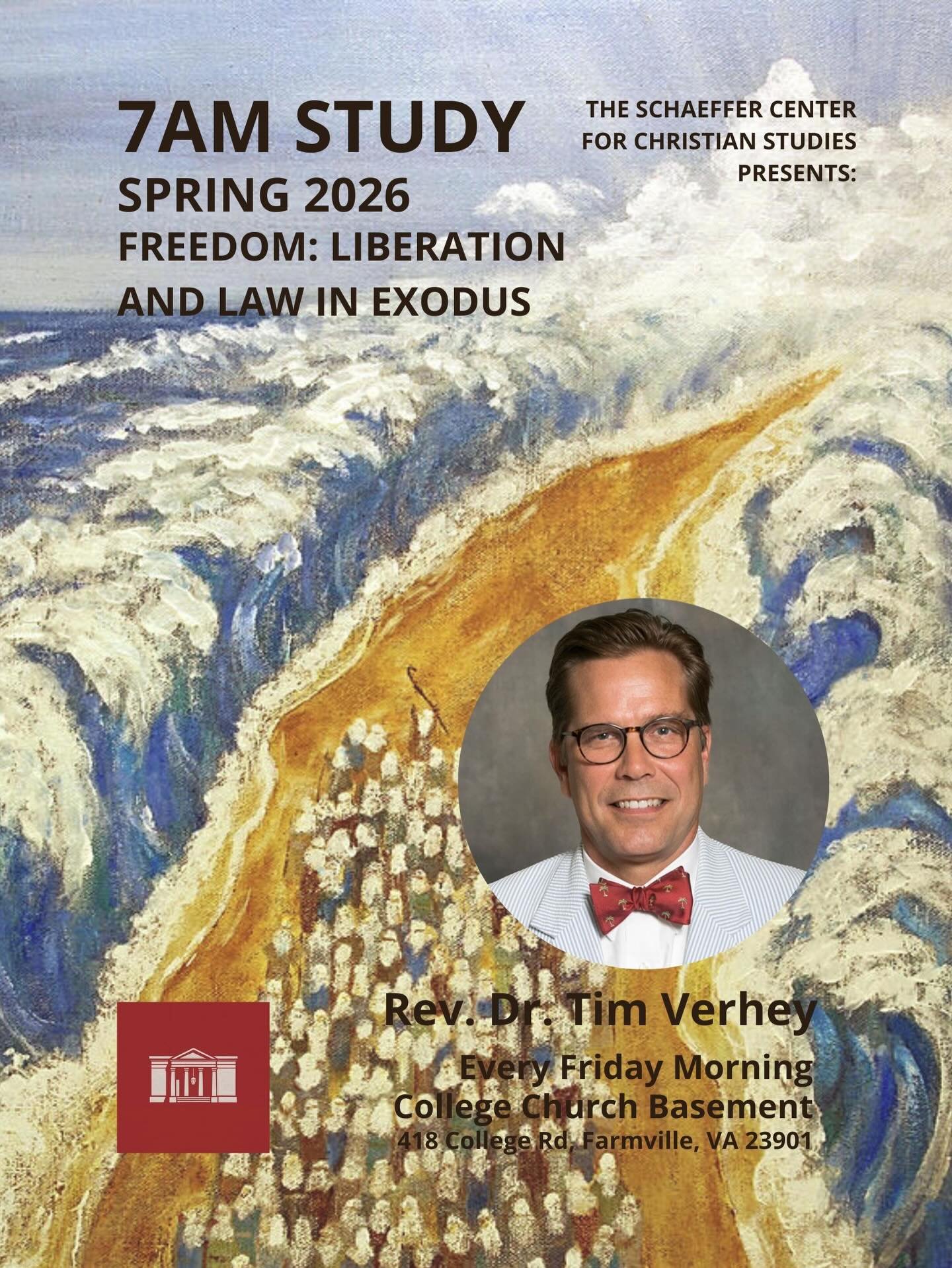 The Schaeffer Center is excited to welcome Rev. Dr. Tim Verhey as the leader of the weekly Friday morning study group meeting at 7 am in the basement of college church. This semesters group is titled Freedom: Liberation and Law in Exodus. The book of