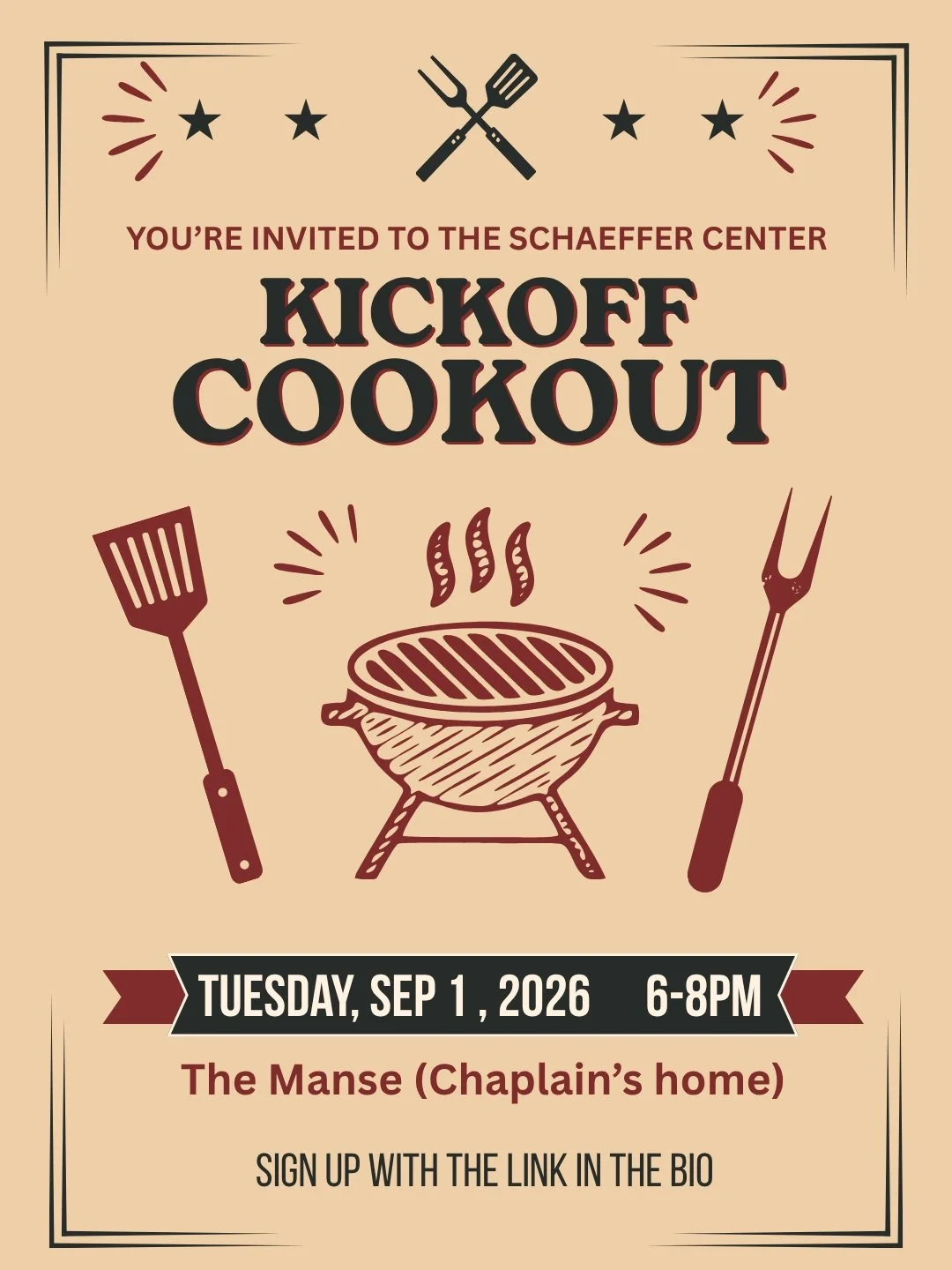 Students - come out to the Chaplain's home (the Manse) to enjoy burgers and hot dogs, connect with other students, and hear about the Schaeffer Center! We've got some great events and activities this semester and our new director, Dr. Mike Weaver, wi