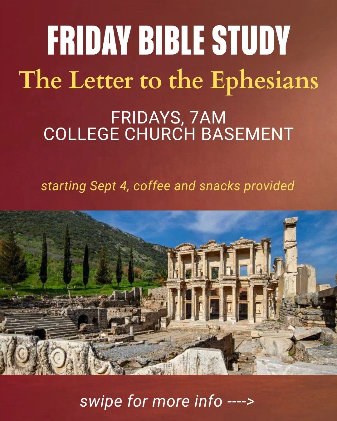 Join us for a weekly Friday morning Bible study in the College Church basement, 7am. Yes it's early, but we'll have coffee and a light breakfast each week! Please let us know you are coming by clicking the link in the bio.