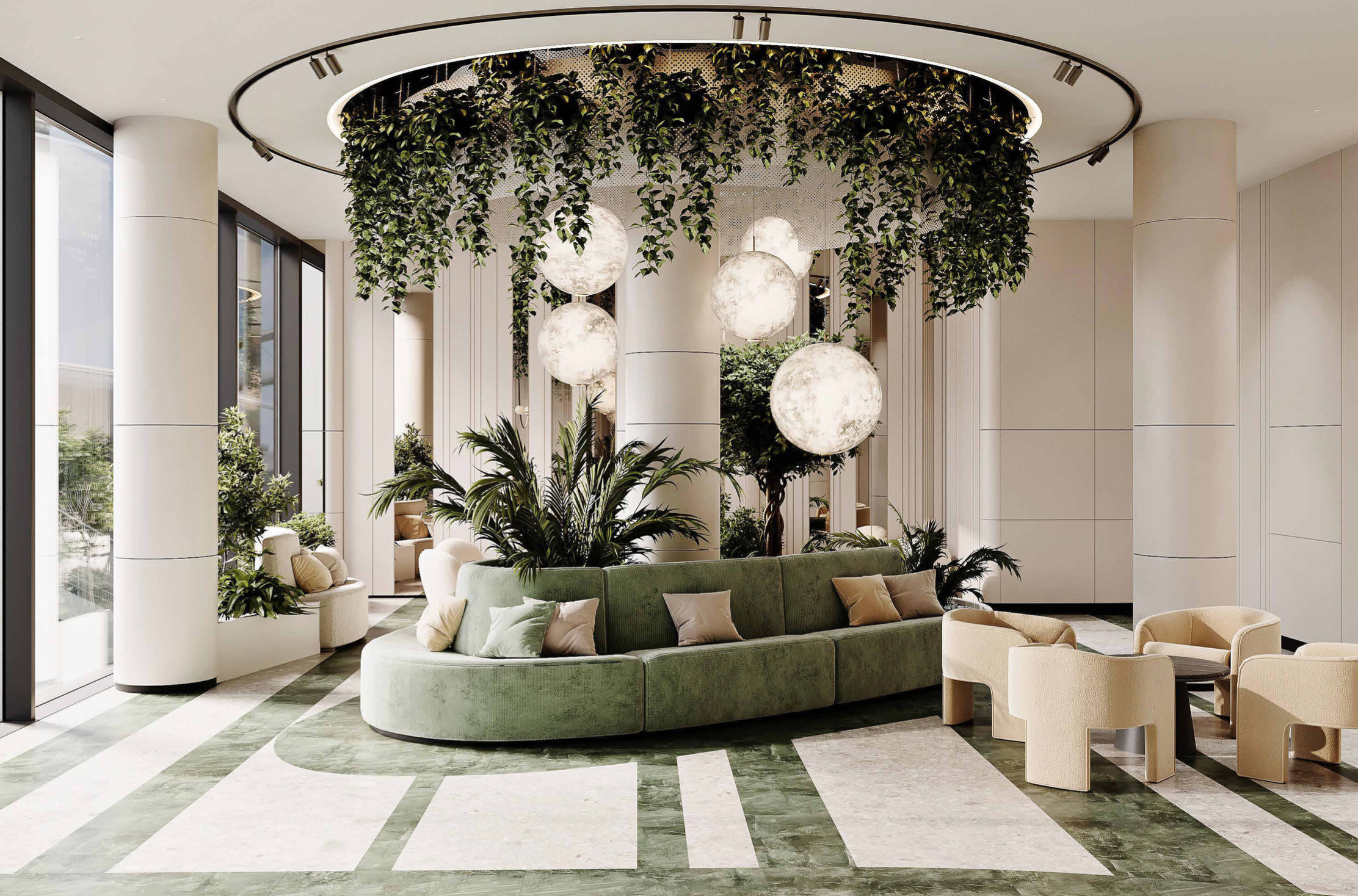 Modern lobby at Jamaica Central with green semi-circular sofa, beige chairs, indoor plants, hanging globe lights, marble floor with curved green and white patterns, large windows, and white cylindrical columns.
