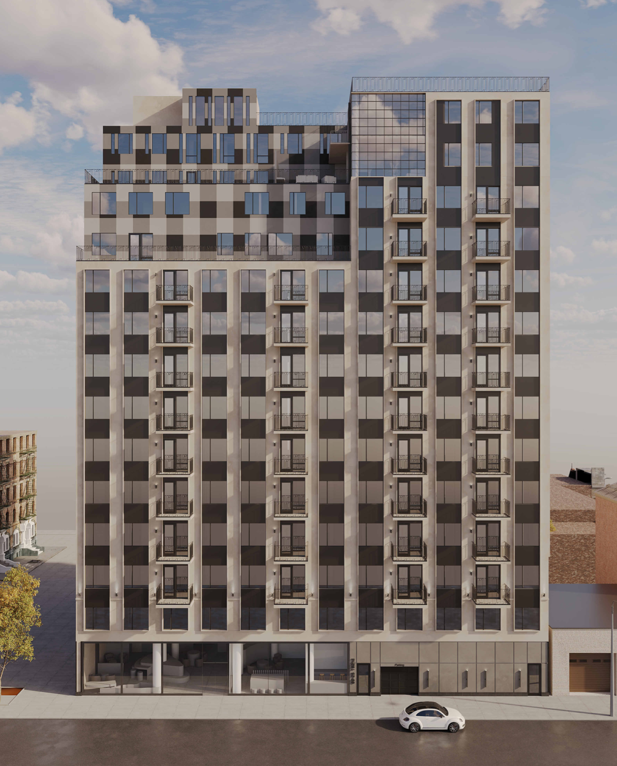 Architect's rendering of 89-25 162nd Street Jamaica, NY 11432. Modern multi-story building with black and white exterior, numerous windows and balconies, and a rooftop terrace, set against a partly cloudy sky.