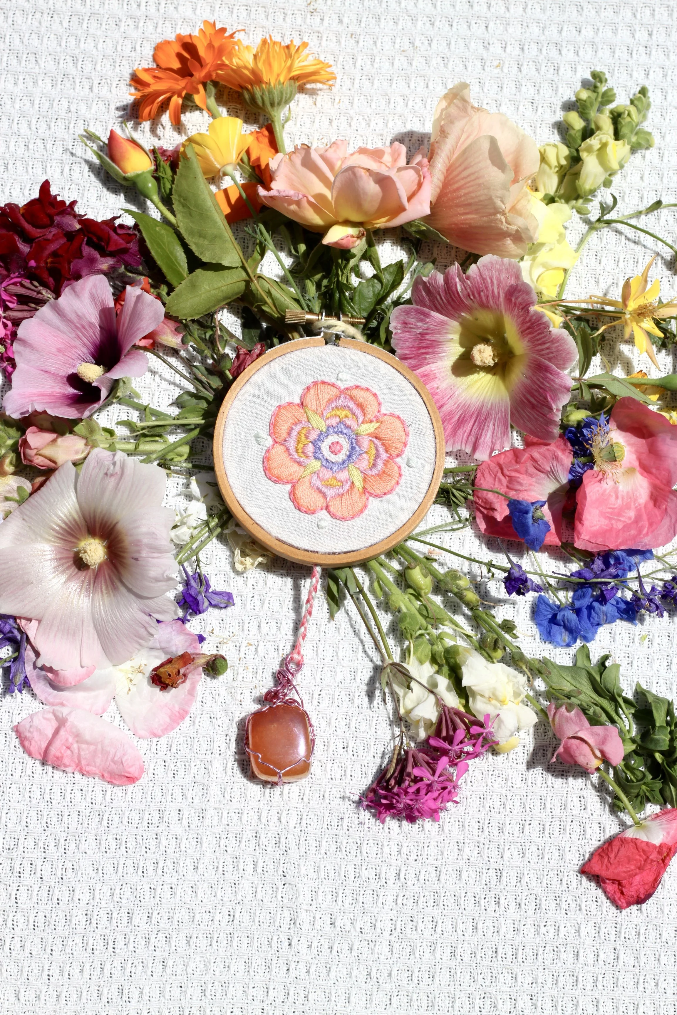 Tangerine Mandala Embroidery Hoop with Aura Quartz Crystal
