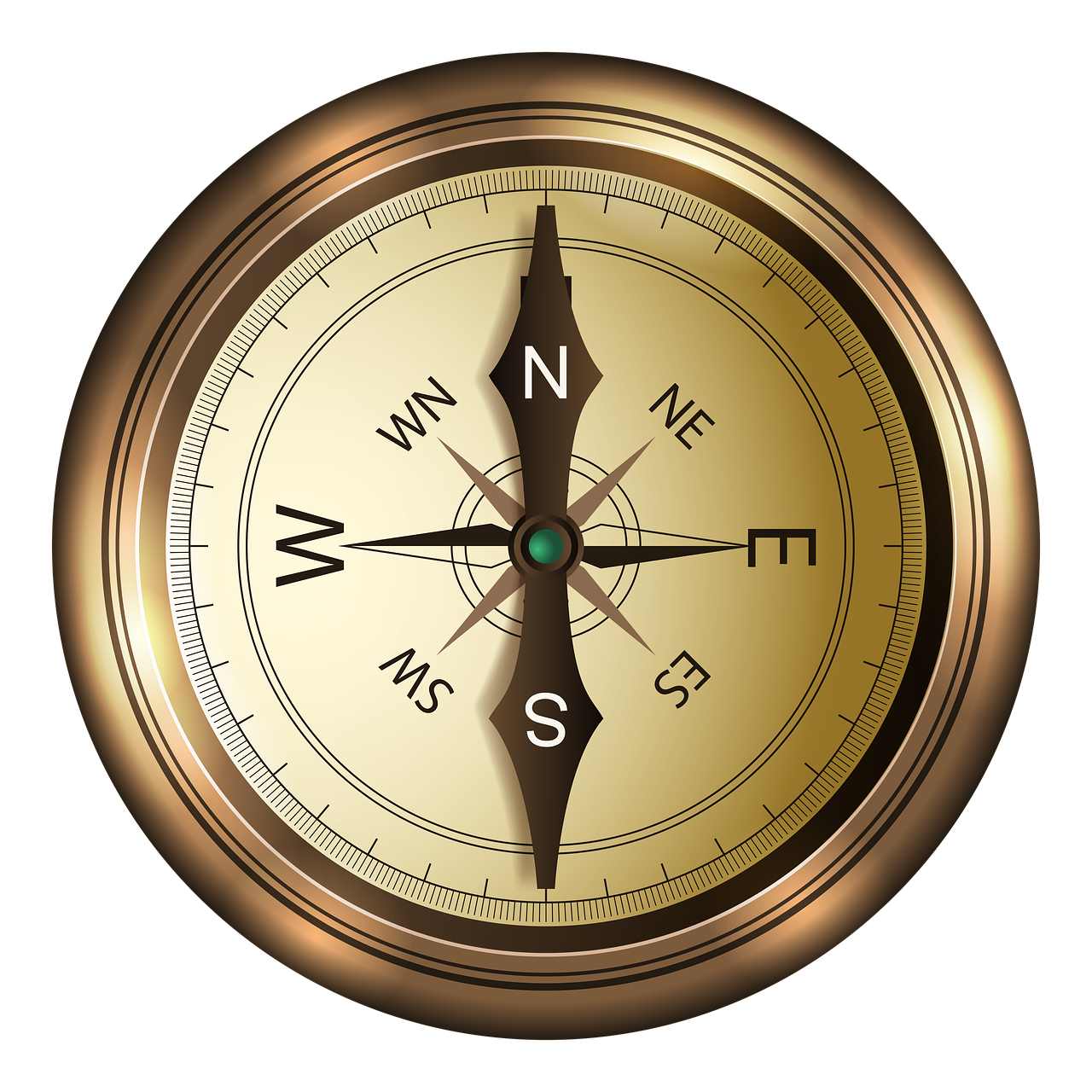 A compass showing north at the top, south at the bottom, east on the right, and west on the left.