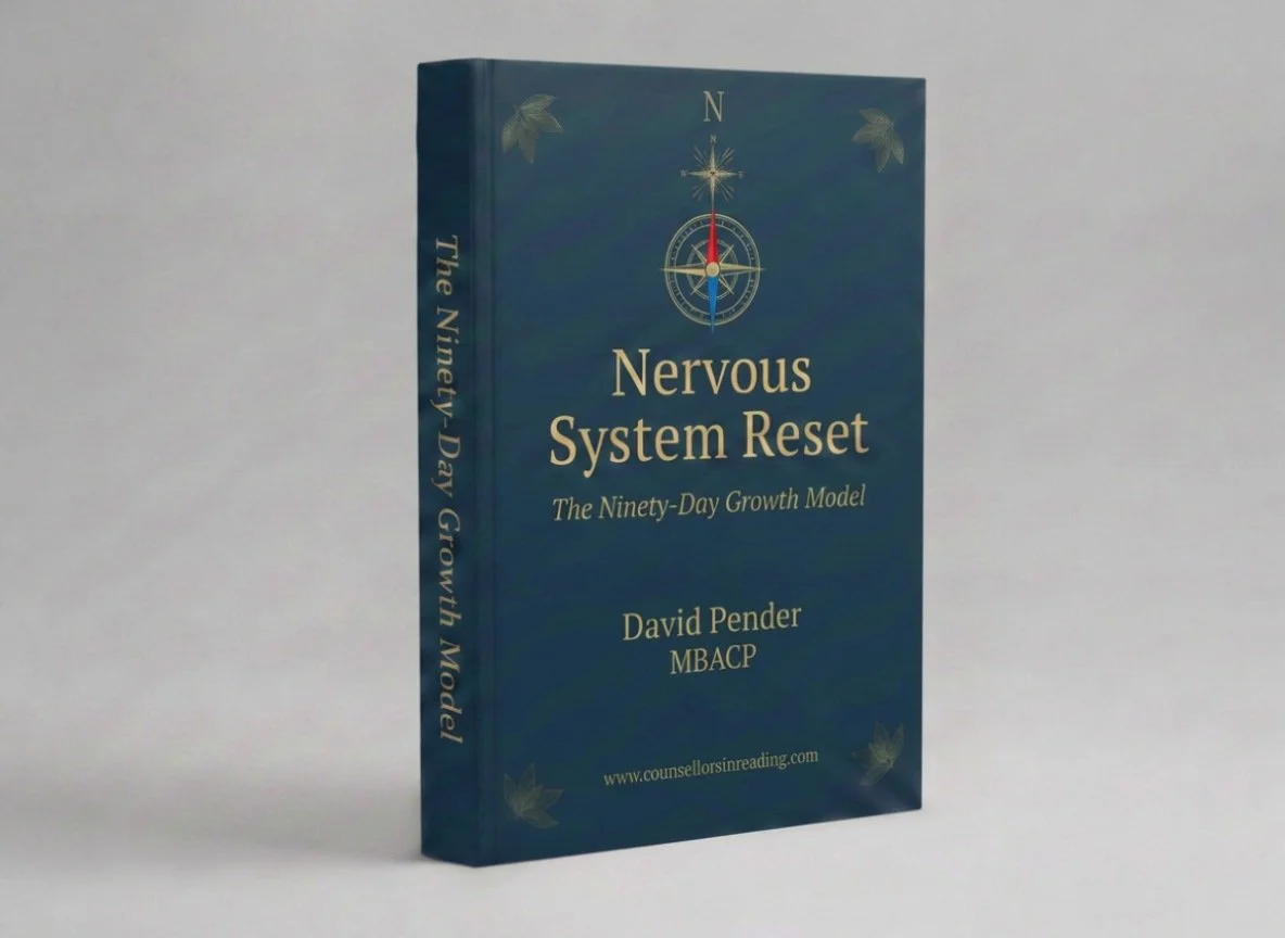 A book titled "Nervous System Reset: The Ninety-Day Growth Model" by David Pender with MBACP on the cover, featuring a blue background, a compass rose, and gold leaf accents.