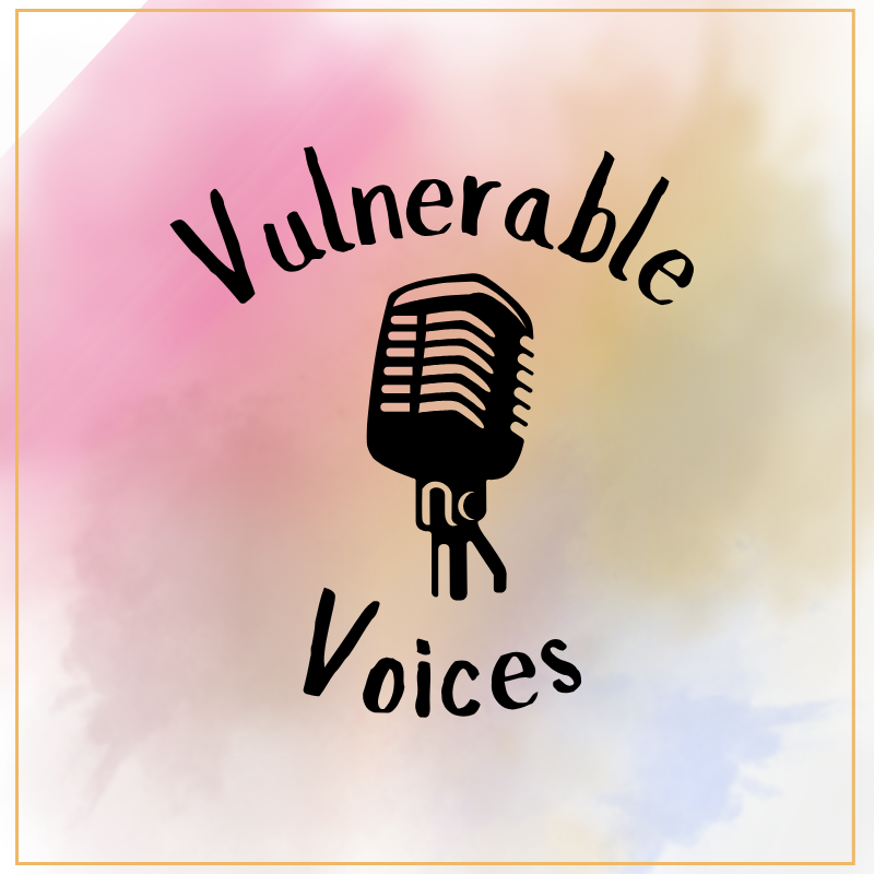 Logo for 'Vulnerable Voices' featuring a vintage microphone icon on a pastel watercolor background.