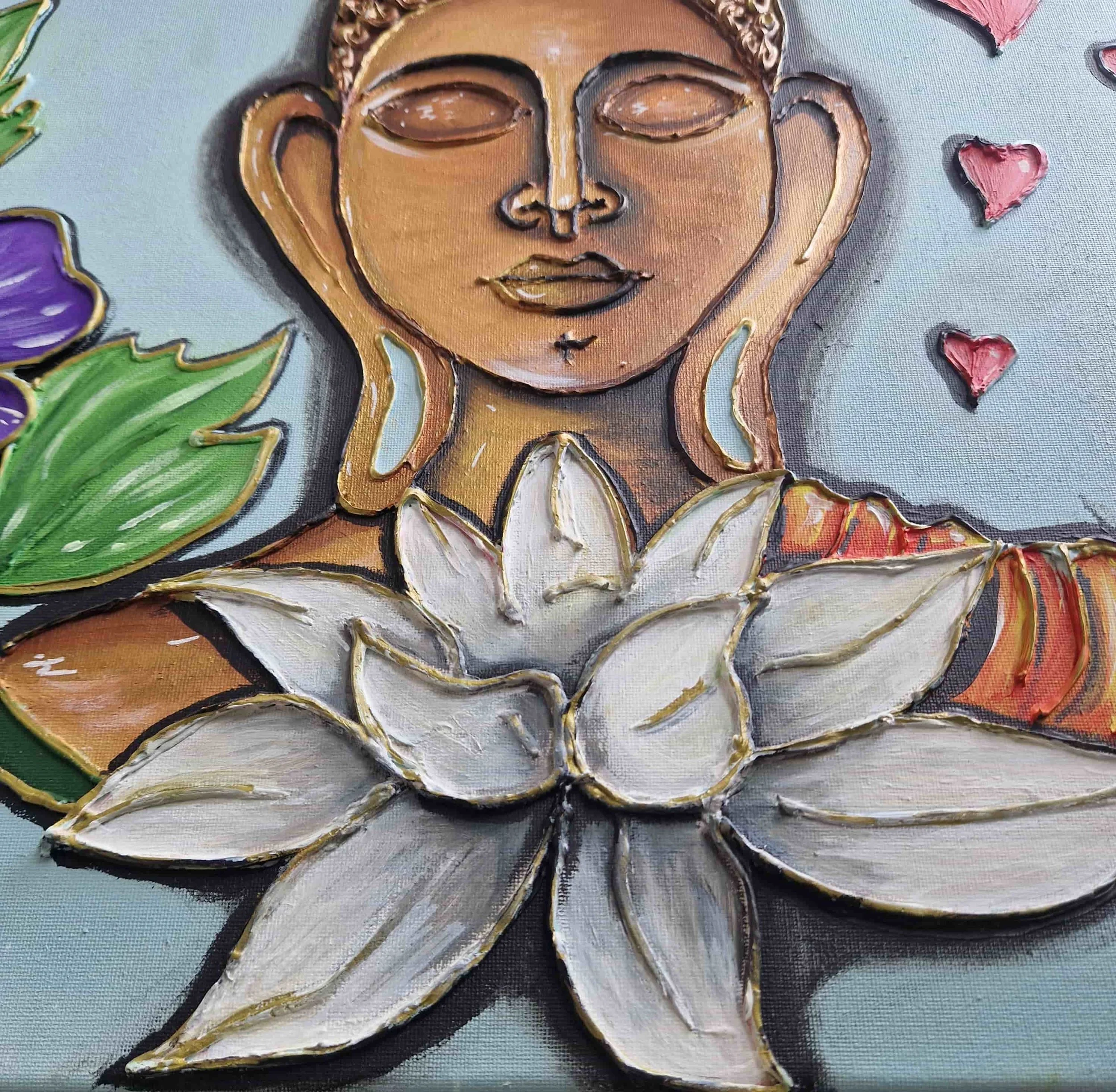 Close-up of a metal wall art piece depicting a woman's face with glasses, curly hair, and a neutral expression, surrounded by colorful flowers and leaves.