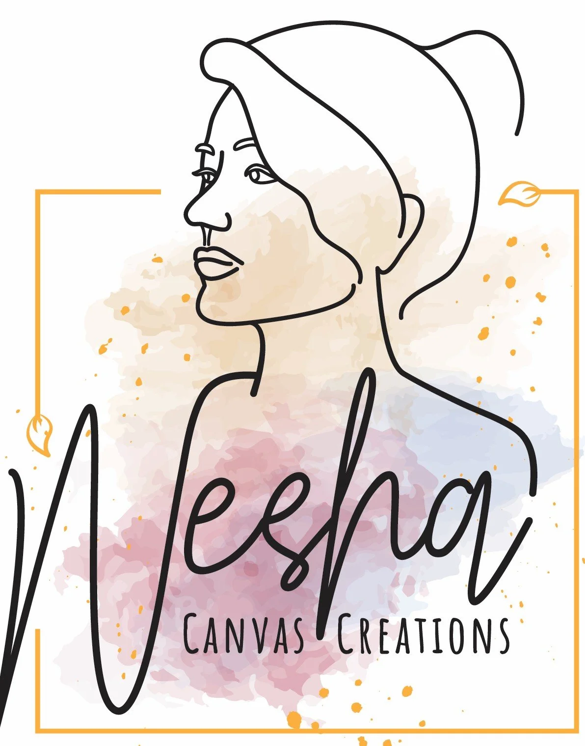 A logo featuring a profile line drawing of a woman with long hair and a bun, with watercolor background and the words 'Vlesha Canvas Creations' in cursive and printed fonts.