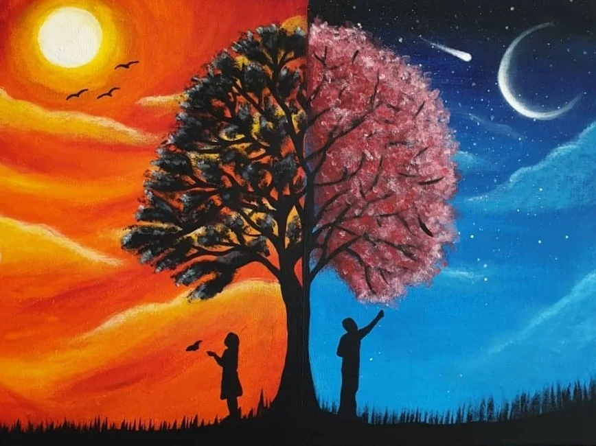 A split painting depicting a tree with one side having dark leaves and a sunset background, and the other side having pink leaves and a night sky with stars, a shooting star, the moon, and a crescent moon, with two children underneath, one reaching u