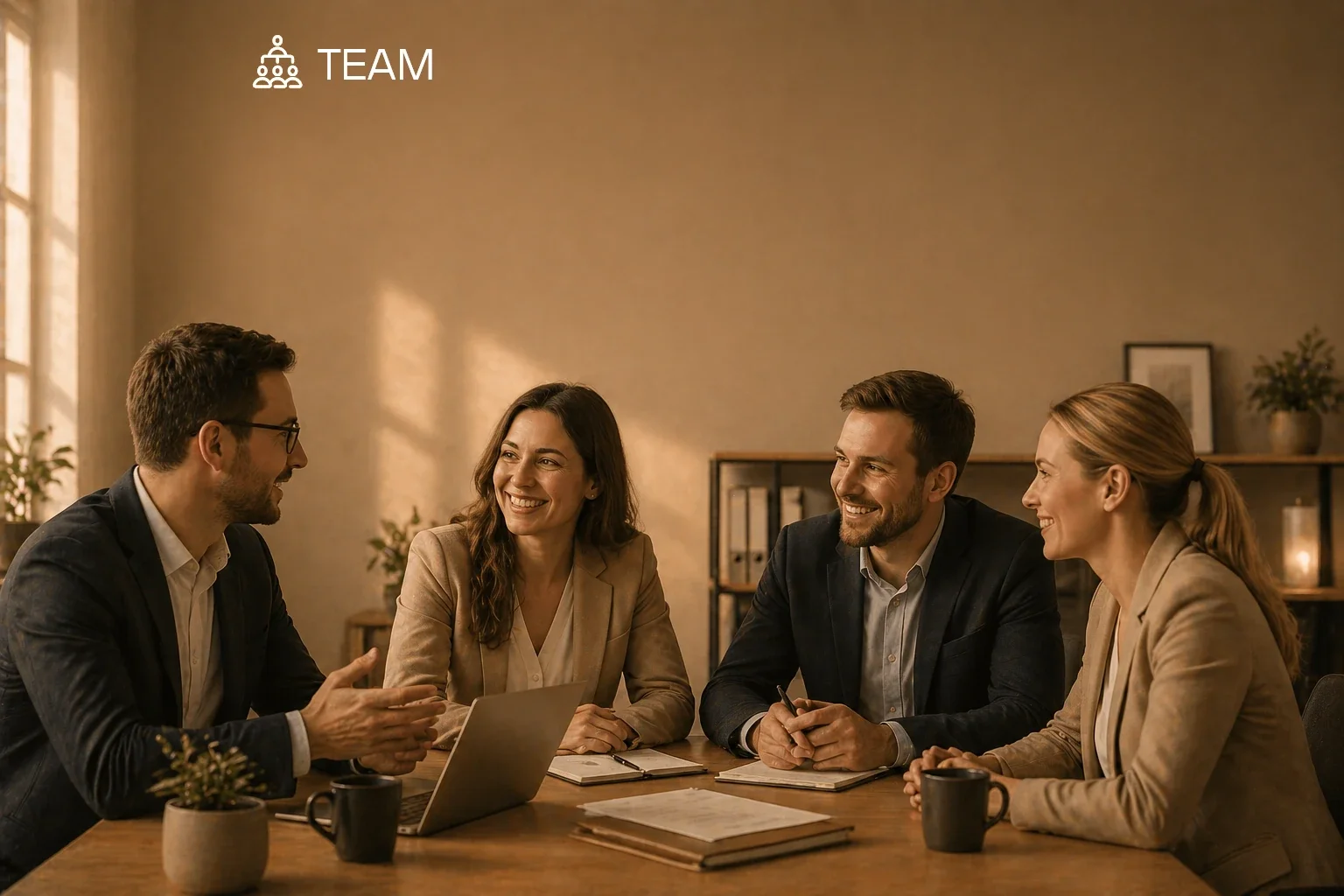 Vier professionelle Menschen sitzen bei einem Meeting an einem Tisch und lachen. Der Raum ist gut beleuchtet, mit Pflanzen und Regalen im Hintergrund.