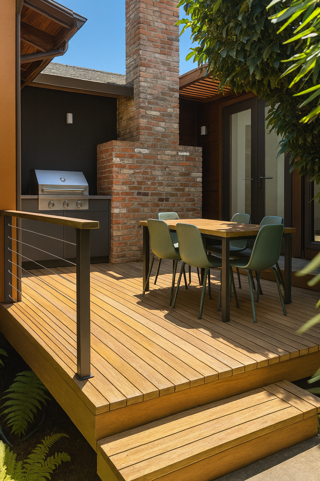 Outdoor patio featuring a wooden deck, a dining table with six green chairs, a brick chimney, and a built-in grill against a black wall.