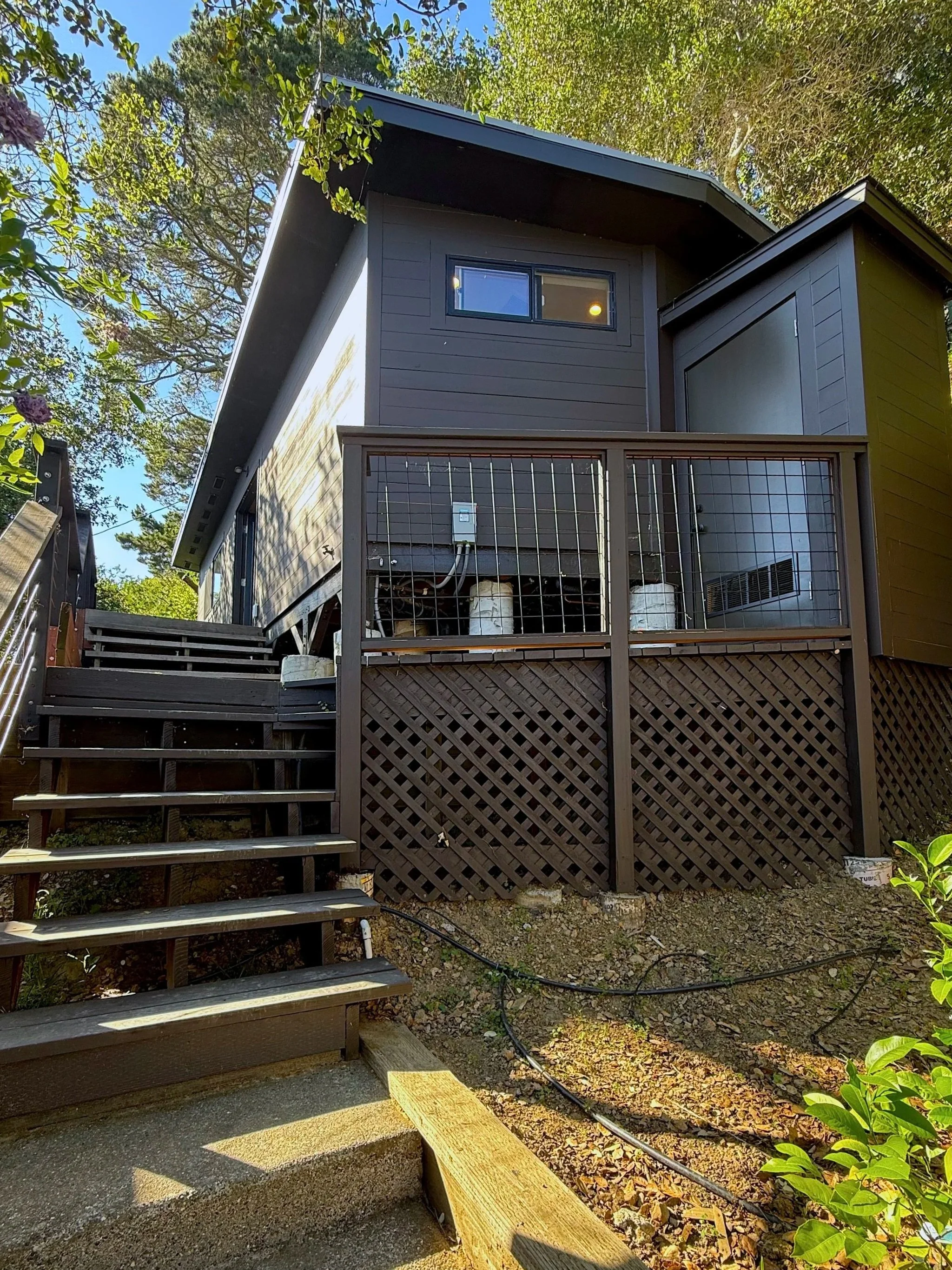Backyard of a house with a wooden deck, stairs, and a lattice skirting, surrounded by trees and plants with clear blue sky.