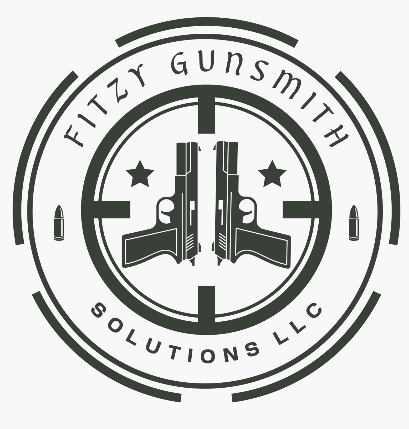 A circular logo with the text 'Fitzy Gunsmith Solutions LLC' around the top and bottom. The center features two guns with bullets and stars between them.
