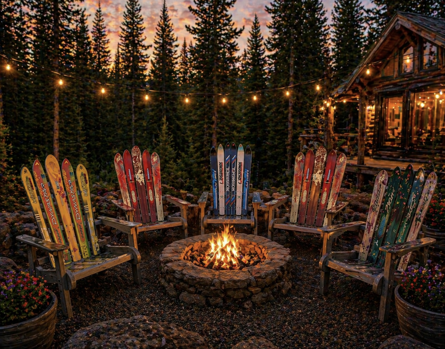 An outdoor seating area with Adirondack chairs decorated with colorful ski designs, arranged around a fire pit with flames. String lights hang above, and a cabin with illuminated windows is in the background among tall pine trees during sunset.