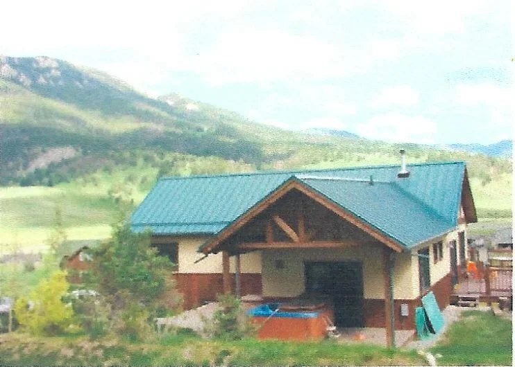 A house with a blue metal roof, surrounded by greenery and hills in the background.